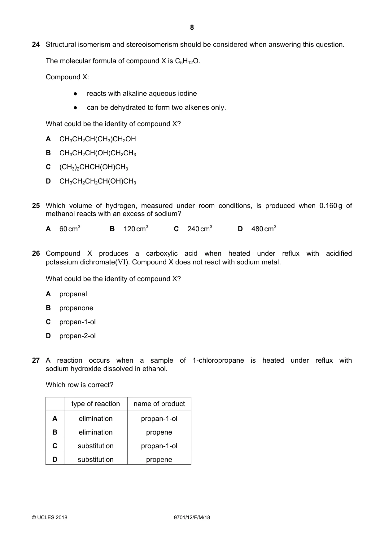 Cambridge A Level Chemistry 9701 2018 Feb/March Paper 1 · Variant 2 question paper, page 8 of 12
