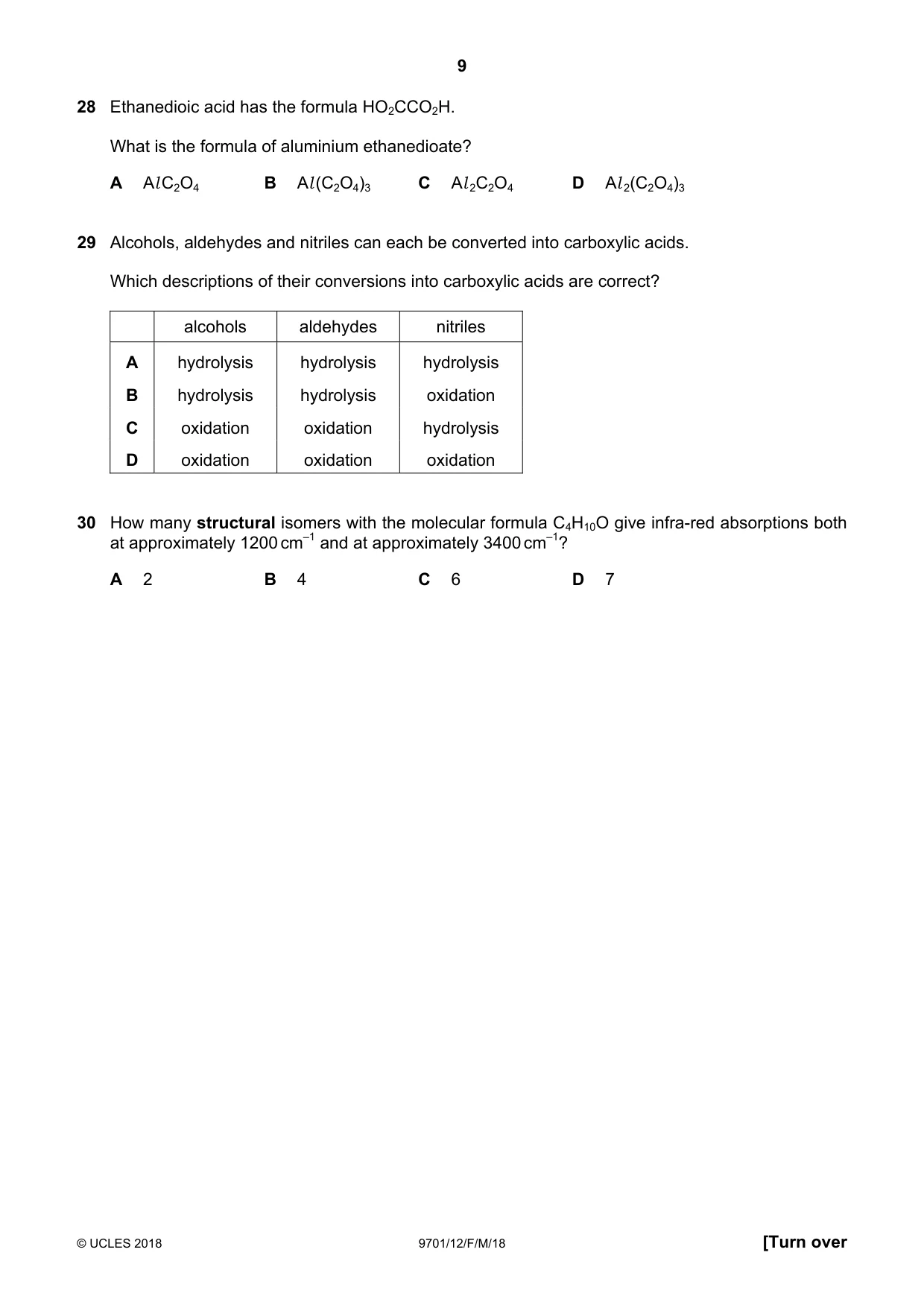 Cambridge A Level Chemistry 9701 2018 Feb/March Paper 1 · Variant 2 question paper, page 9 of 12