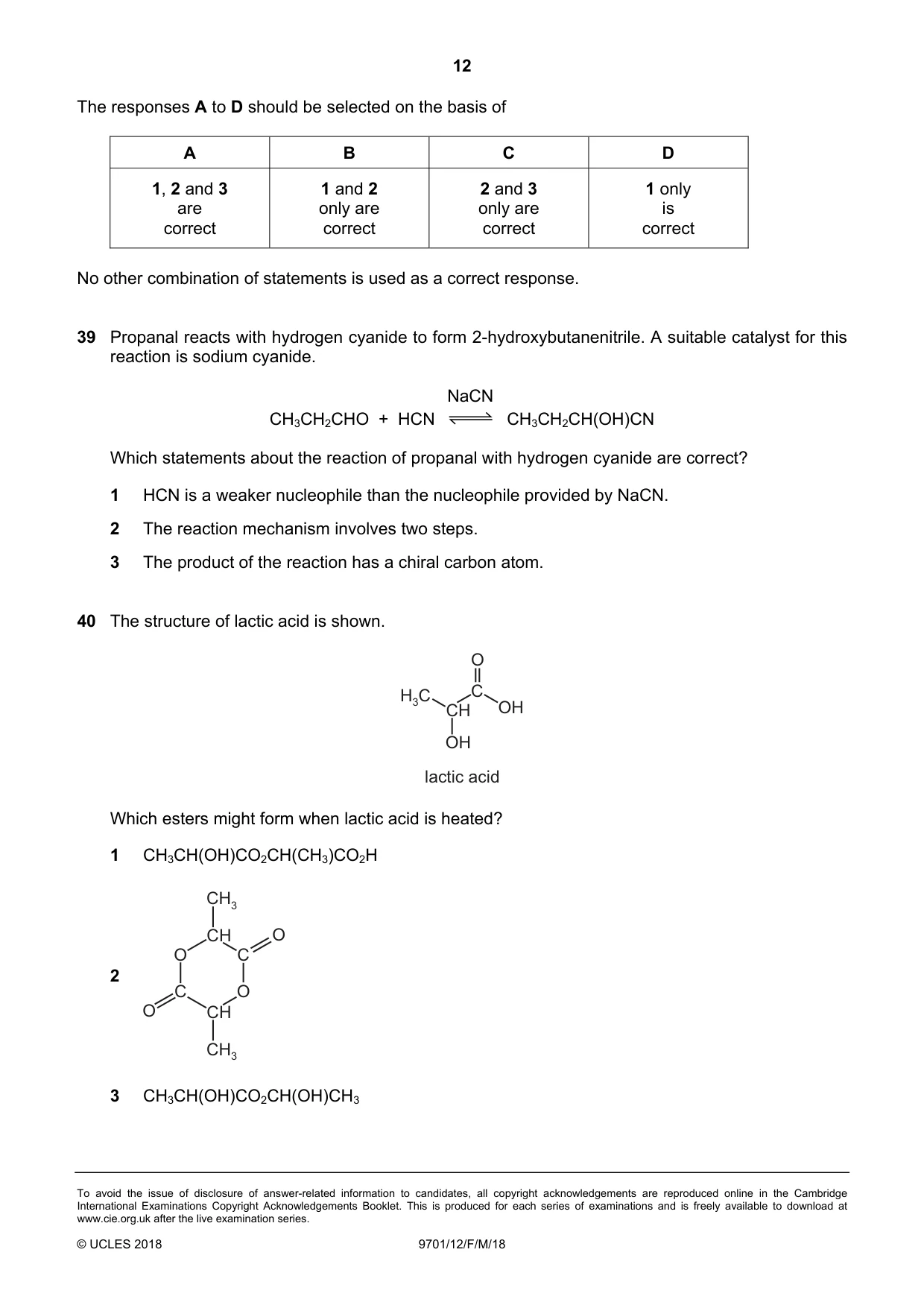 Cambridge A Level Chemistry 9701 2018 Feb/March Paper 1 · Variant 2 question paper, page 12 of 12