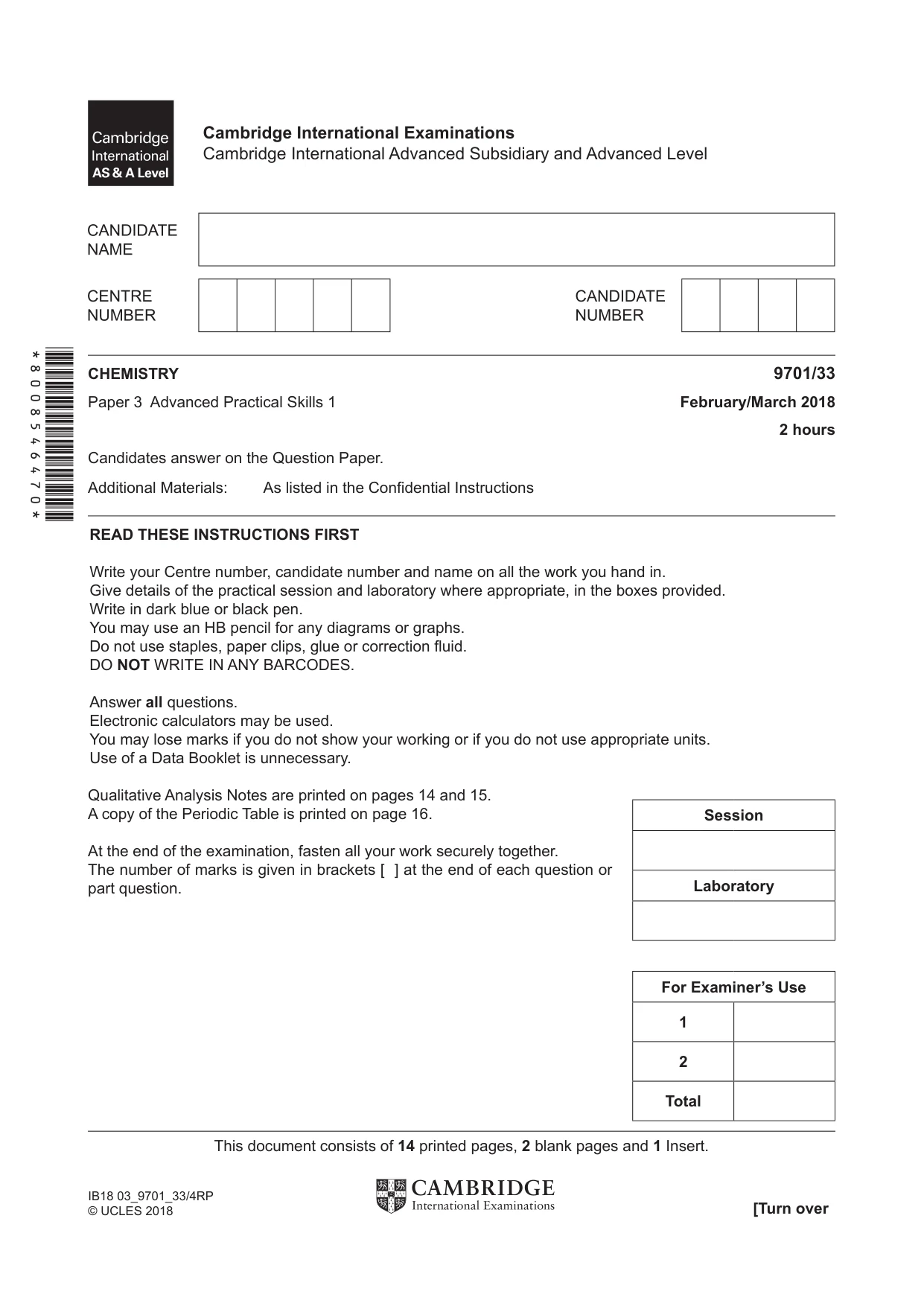 Cambridge A Level Chemistry 9701 2018 Feb/March Paper 3 · Variant 3 question paper, page 1 of 16