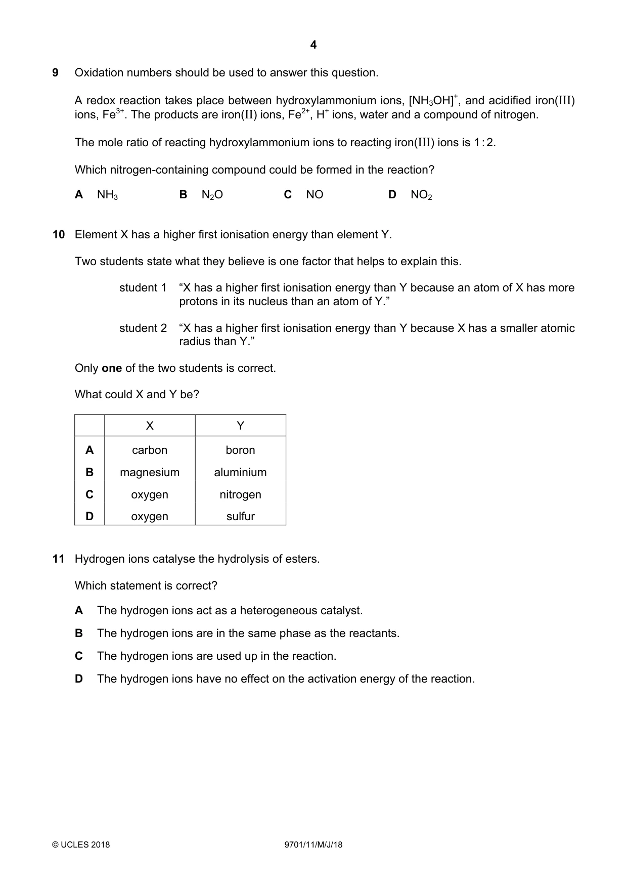 Cambridge A Level Chemistry 9701 2018 May/June Paper 1 · Variant 1 question paper, page 4 of 16