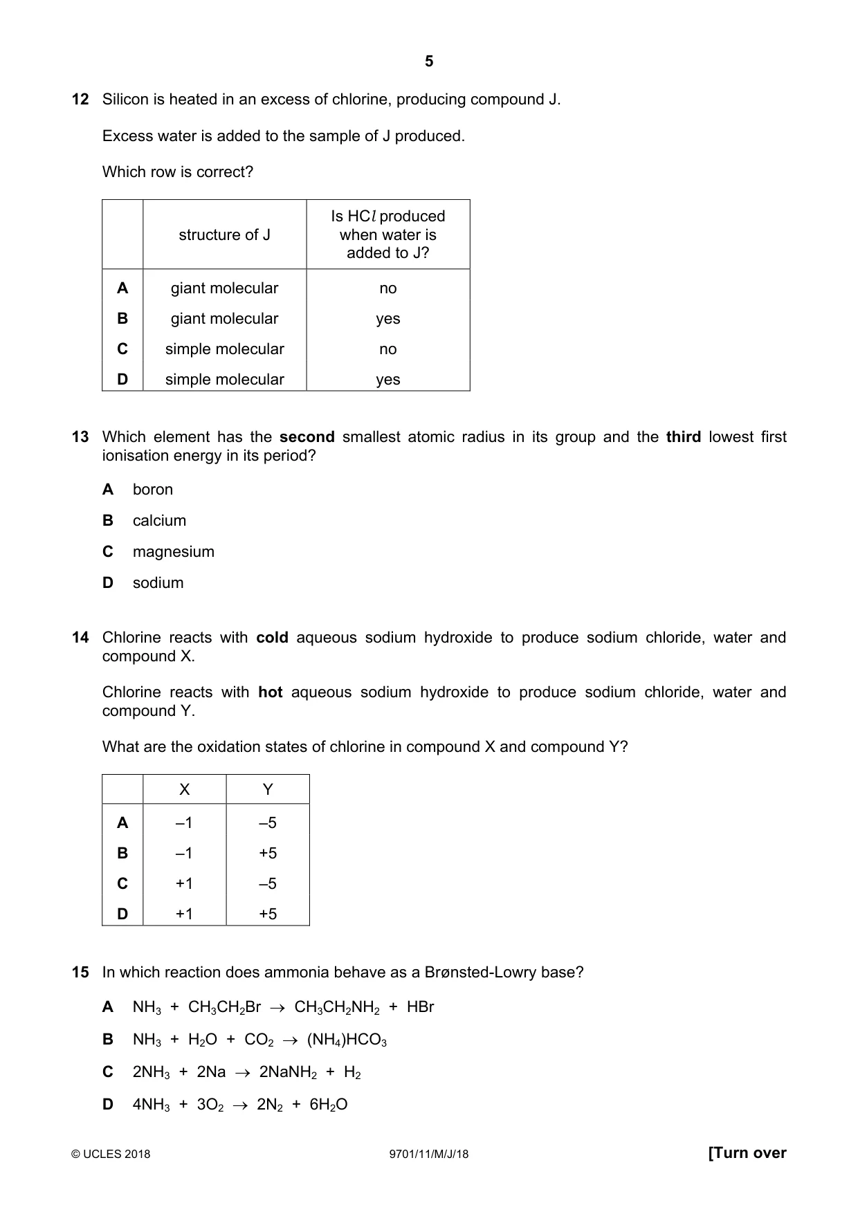 Cambridge A Level Chemistry 9701 2018 May/June Paper 1 · Variant 1 question paper, page 5 of 16