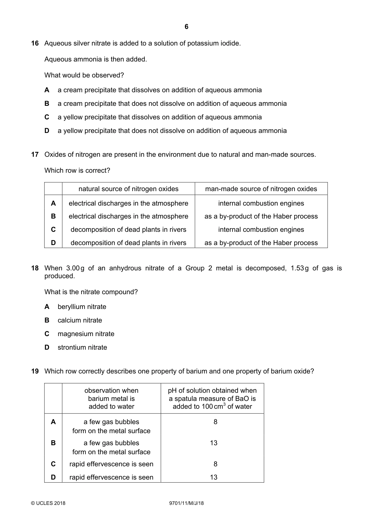 Cambridge A Level Chemistry 9701 2018 May/June Paper 1 · Variant 1 question paper, page 6 of 16