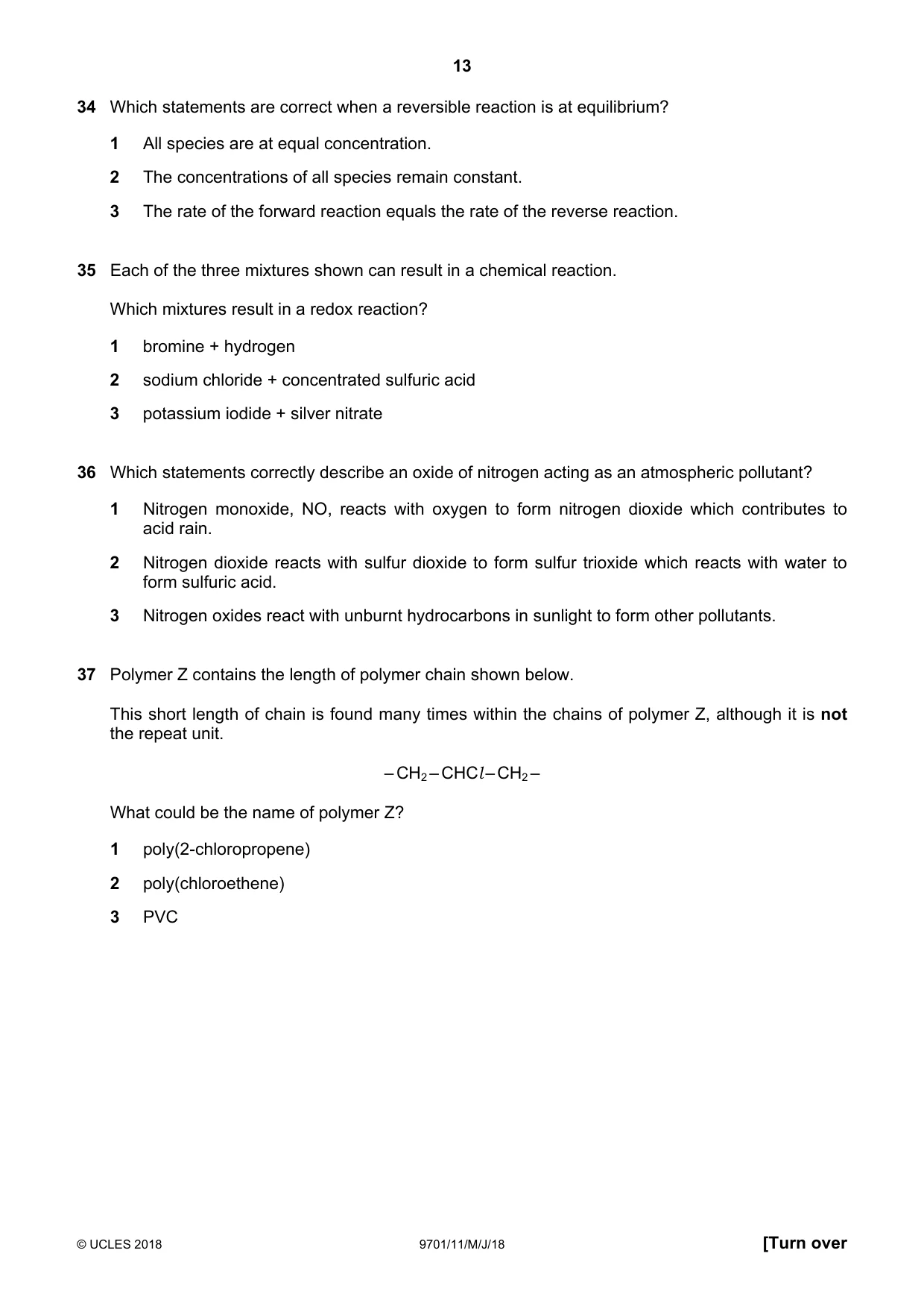 Cambridge A Level Chemistry 9701 2018 May/June Paper 1 · Variant 1 question paper, page 13 of 16