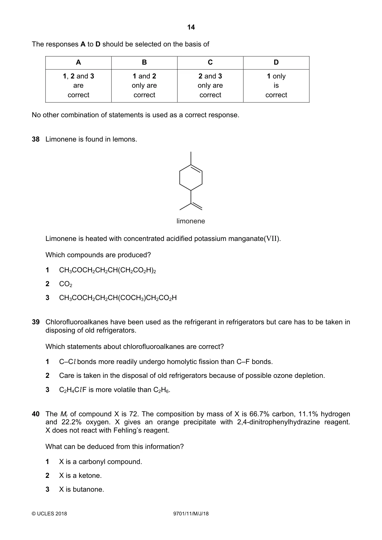 Cambridge A Level Chemistry 9701 2018 May/June Paper 1 · Variant 1 question paper, page 14 of 16
