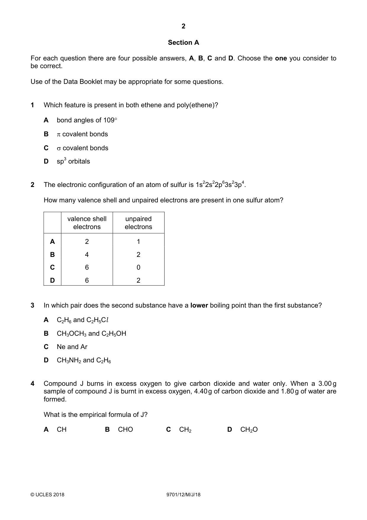 Cambridge A Level Chemistry 9701 2018 May/June Paper 1 · Variant 2 question paper, page 2 of 12