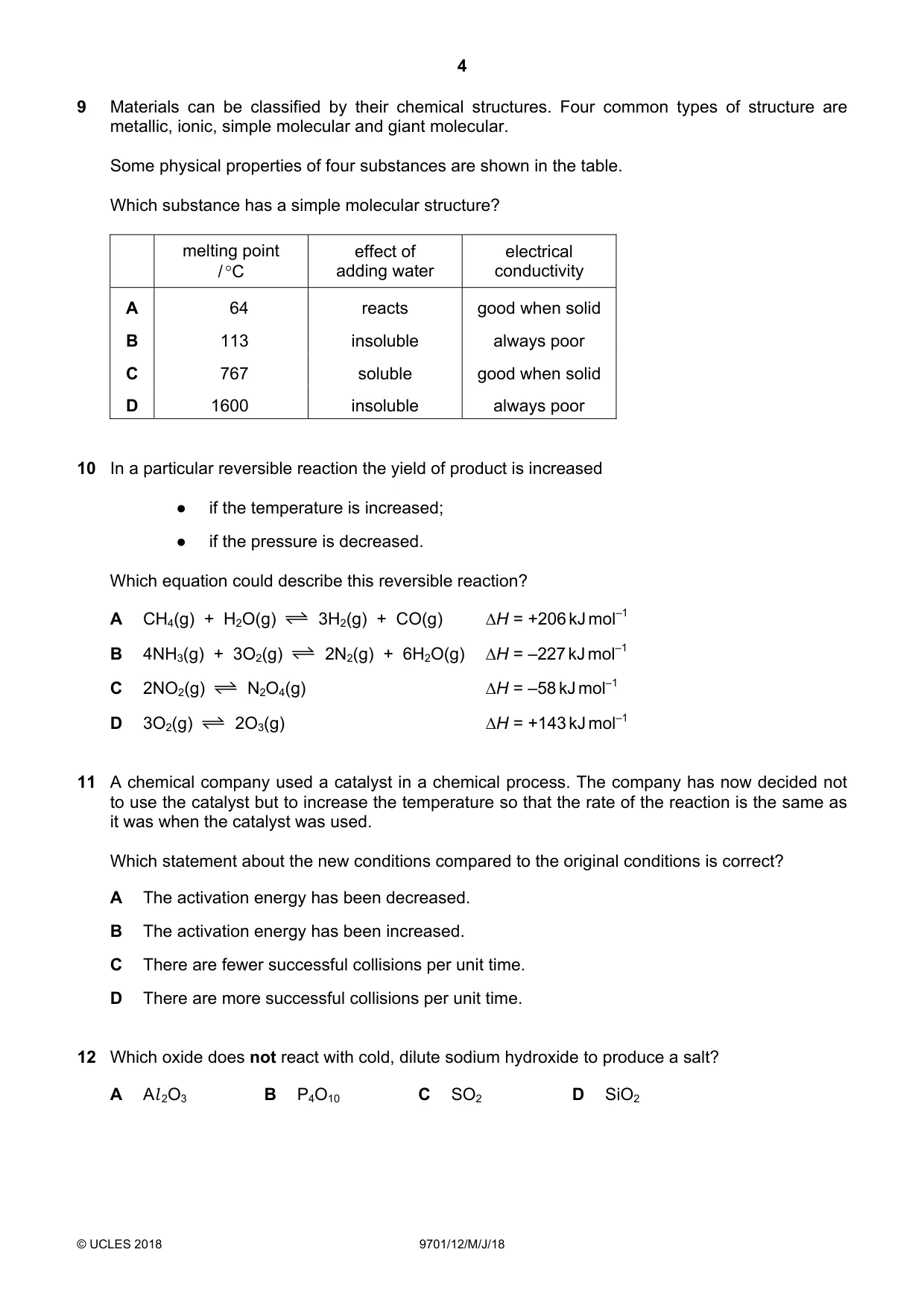 Cambridge A Level Chemistry 9701 2018 May/June Paper 1 · Variant 2 question paper, page 4 of 12