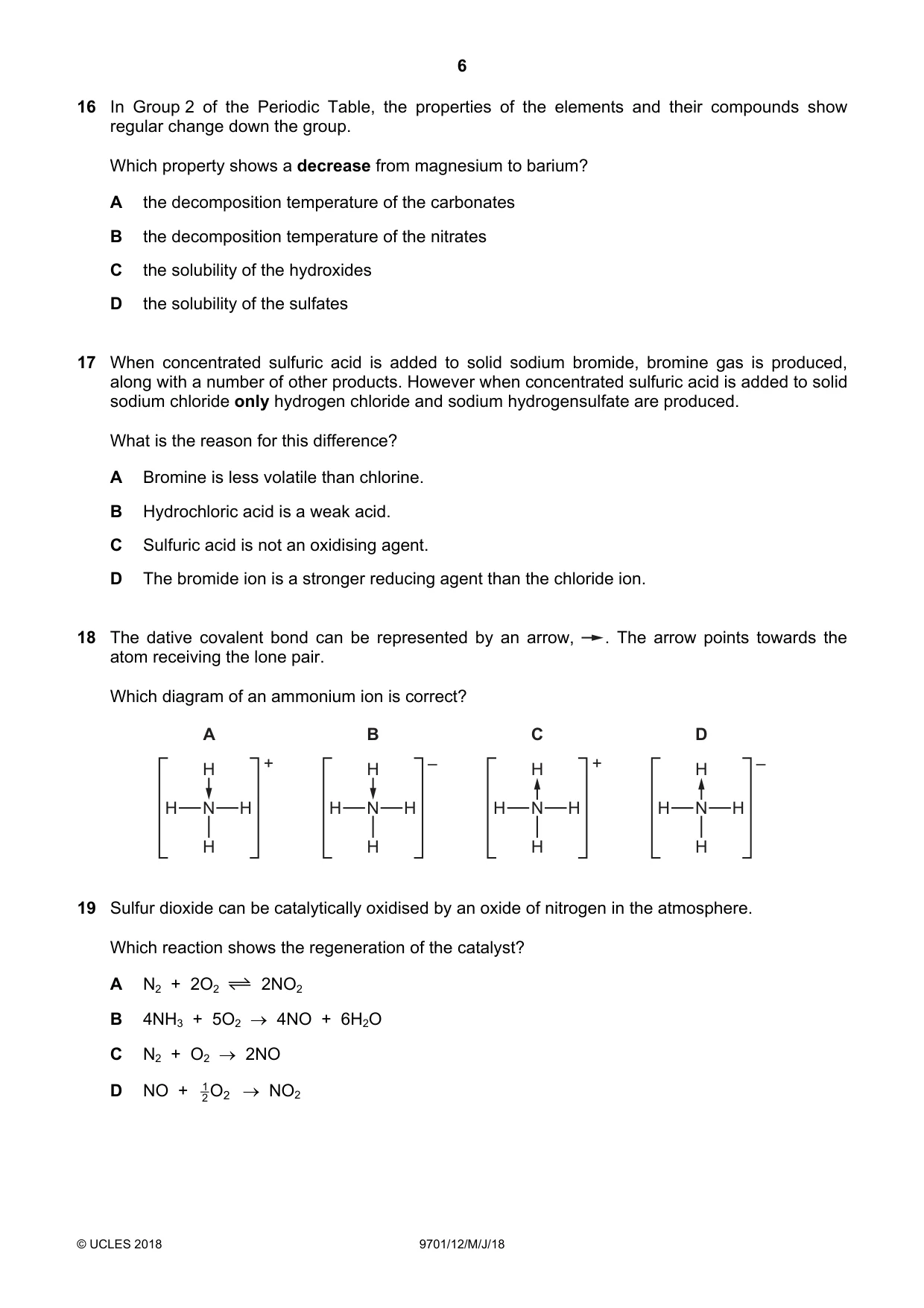Cambridge A Level Chemistry 9701 2018 May/June Paper 1 · Variant 2 question paper, page 6 of 12
