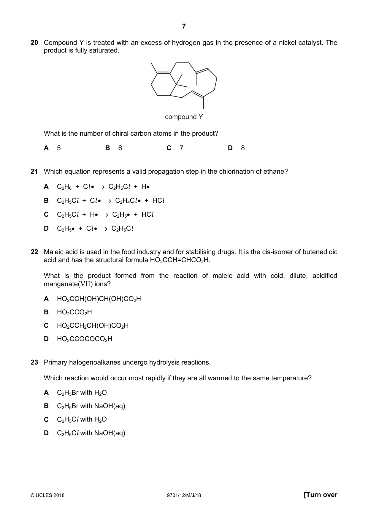 Cambridge A Level Chemistry 9701 2018 May/June Paper 1 · Variant 2 question paper, page 7 of 12