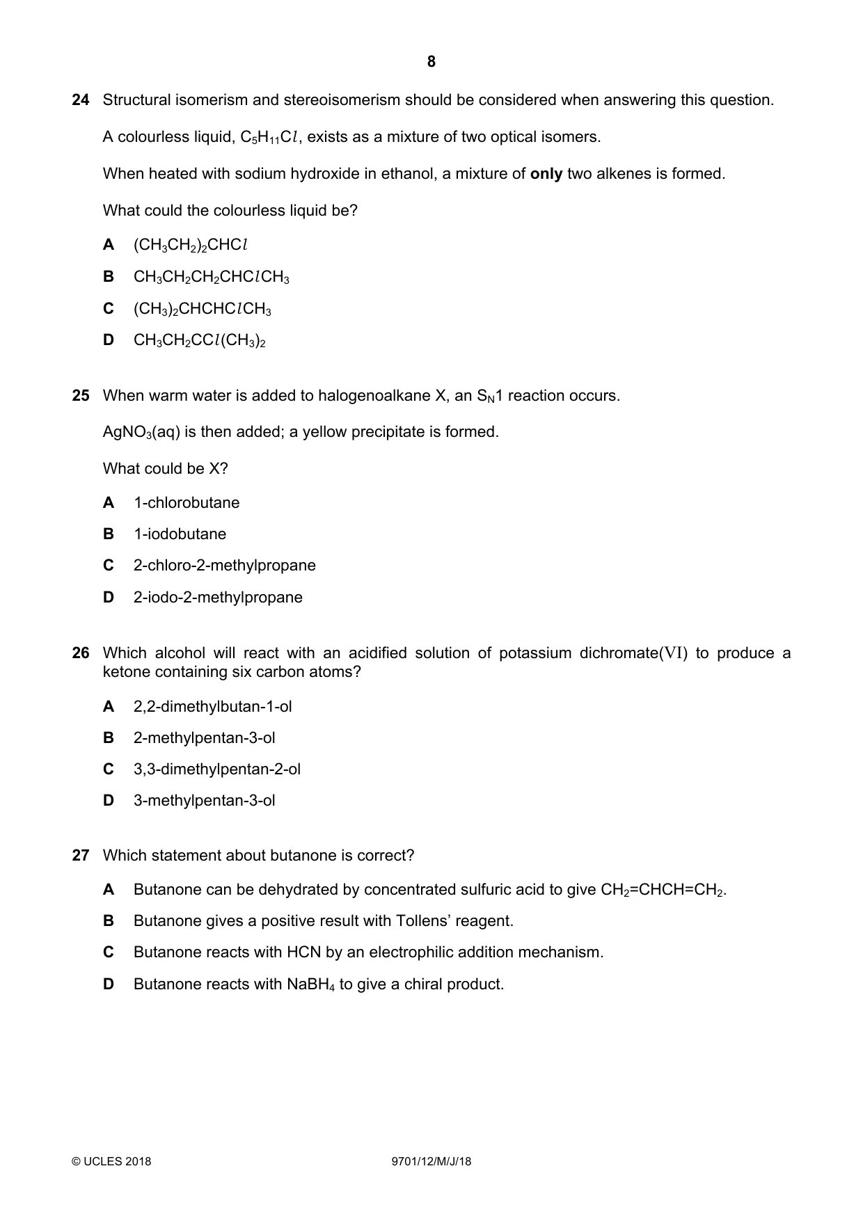 Cambridge A Level Chemistry 9701 2018 May/June Paper 1 · Variant 2 question paper, page 8 of 12