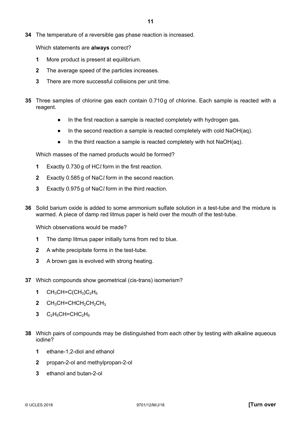 Cambridge A Level Chemistry 9701 2018 May/June Paper 1 · Variant 2 question paper, page 11 of 12