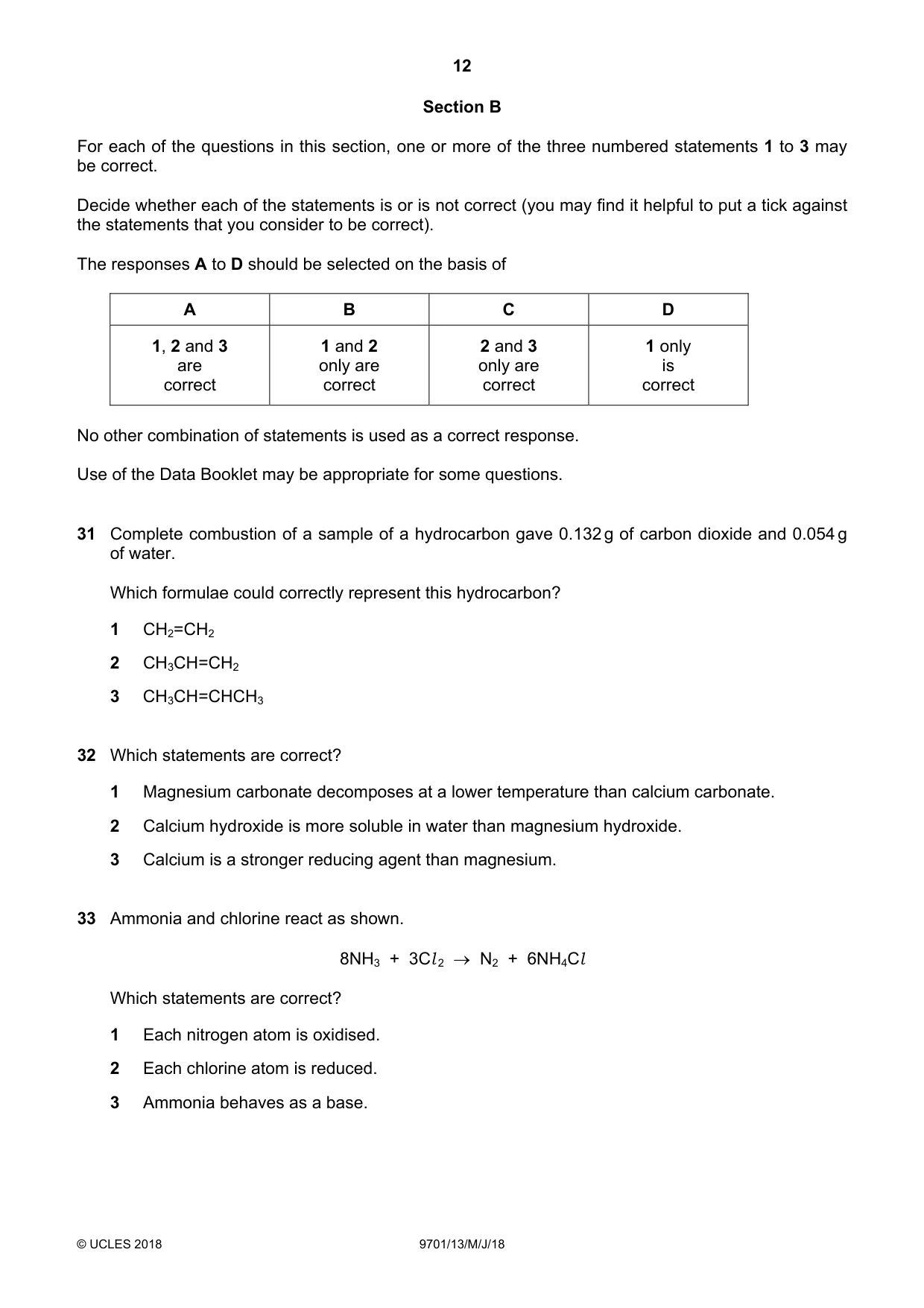 Cambridge A Level Chemistry 9701 2018 May/June Paper 1 · Variant 3 question paper, page 12 of 16