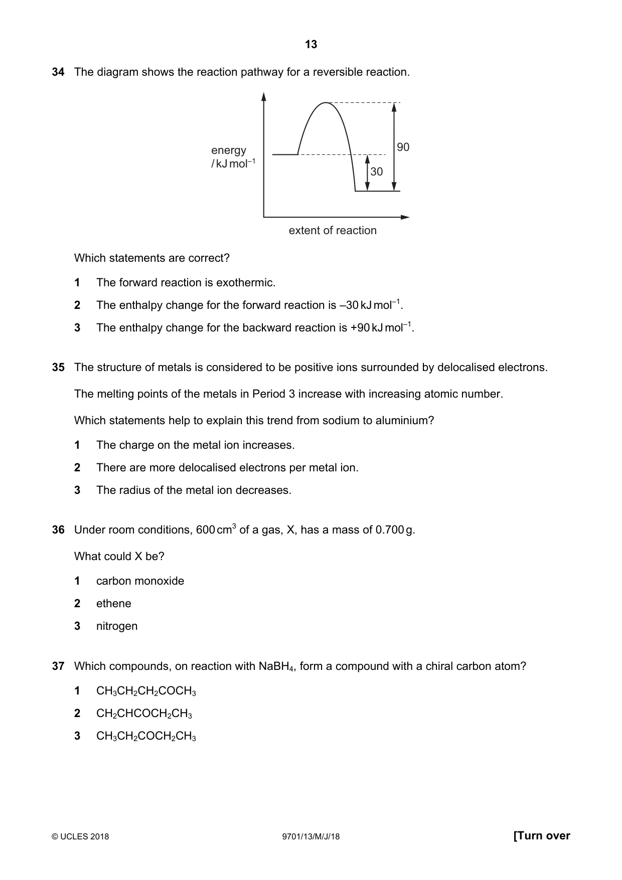 Cambridge A Level Chemistry 9701 2018 May/June Paper 1 · Variant 3 question paper, page 13 of 16