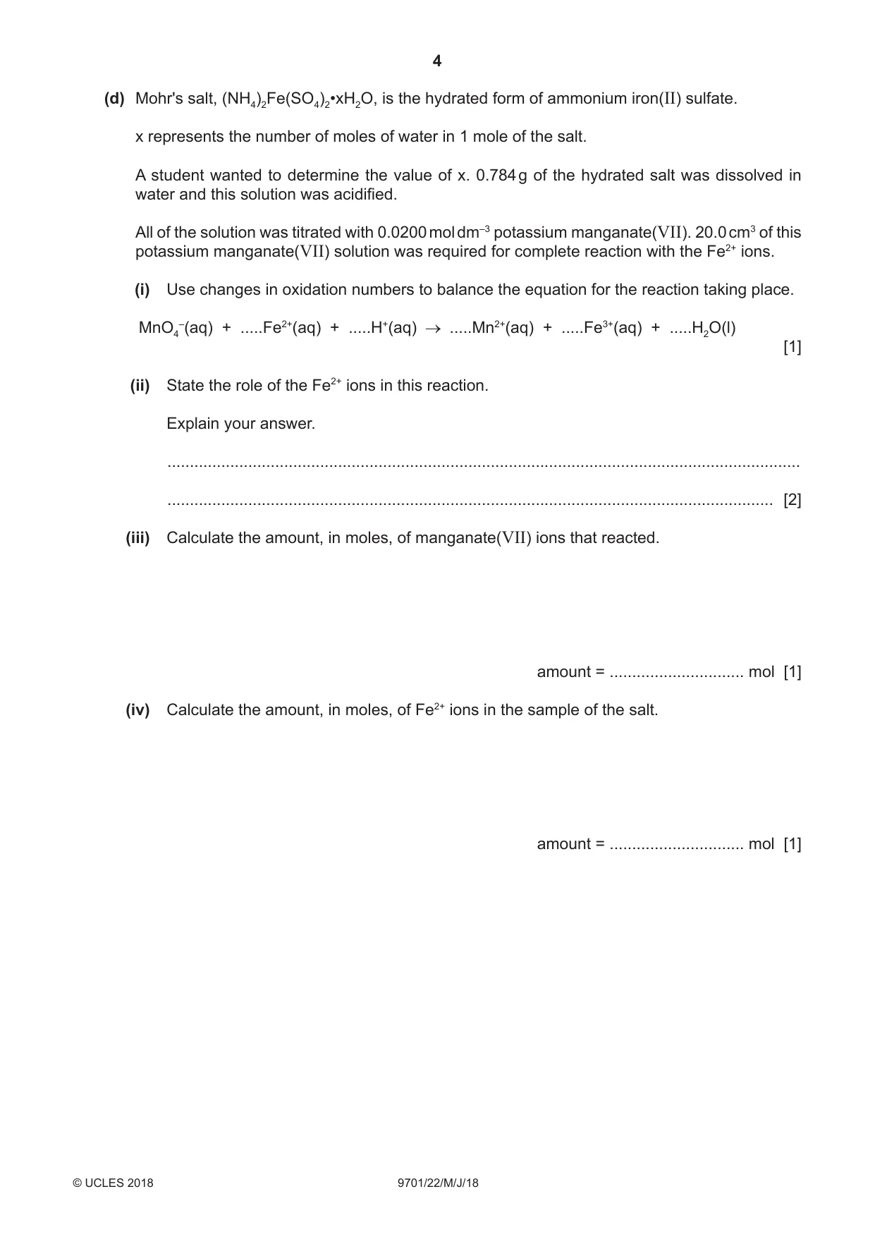 Cambridge A Level Chemistry 9701 2018 May/June Paper 2 · Variant 2 question paper, page 4 of 12