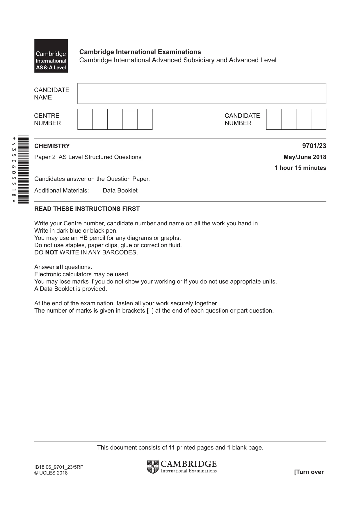 Cambridge A Level Chemistry 9701 2018 May/June Paper 2 · Variant 3 question paper, page 1 of 12