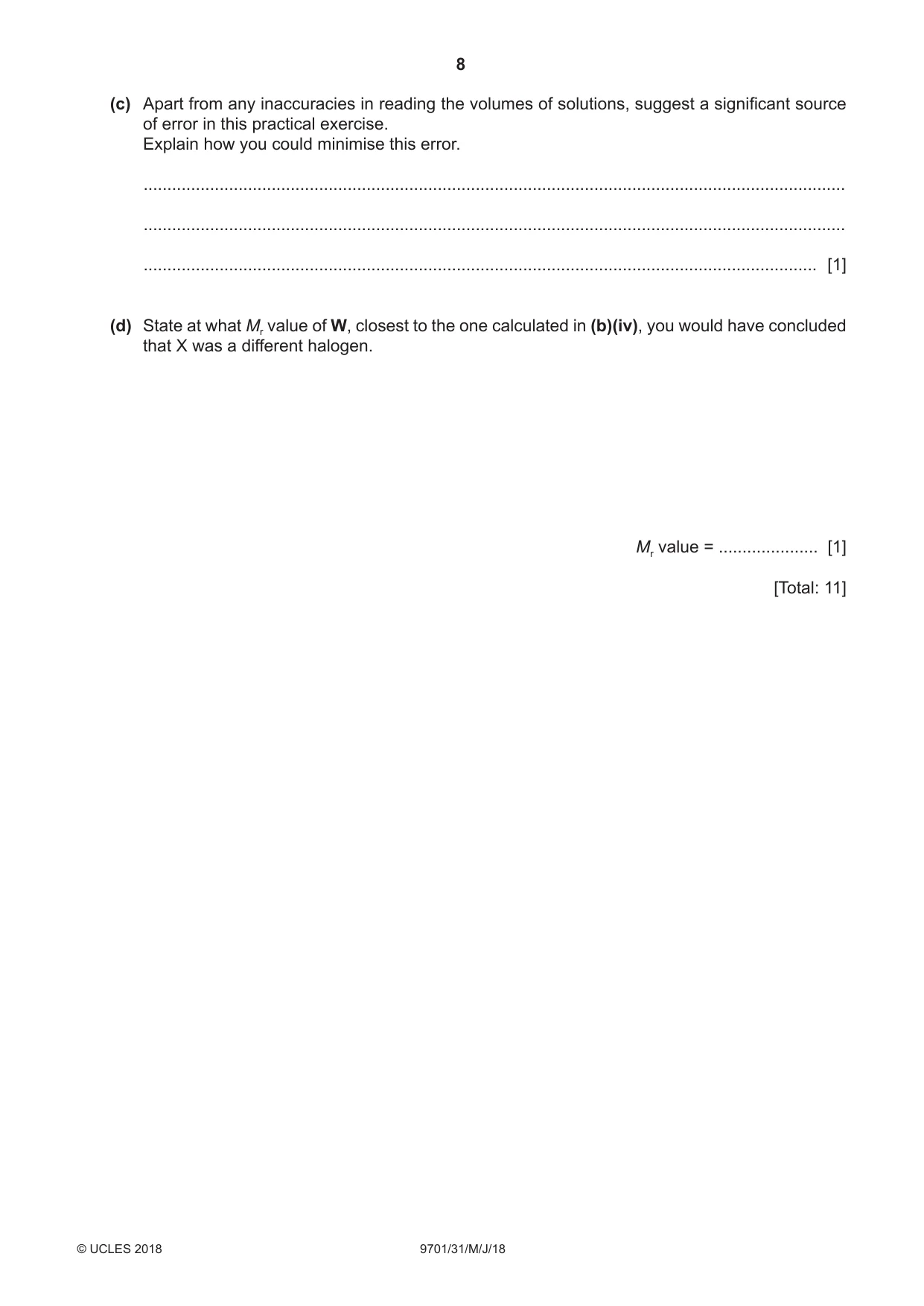 Cambridge A Level Chemistry 9701 2018 May/June Paper 3 · Variant 1 question paper, page 8 of 16