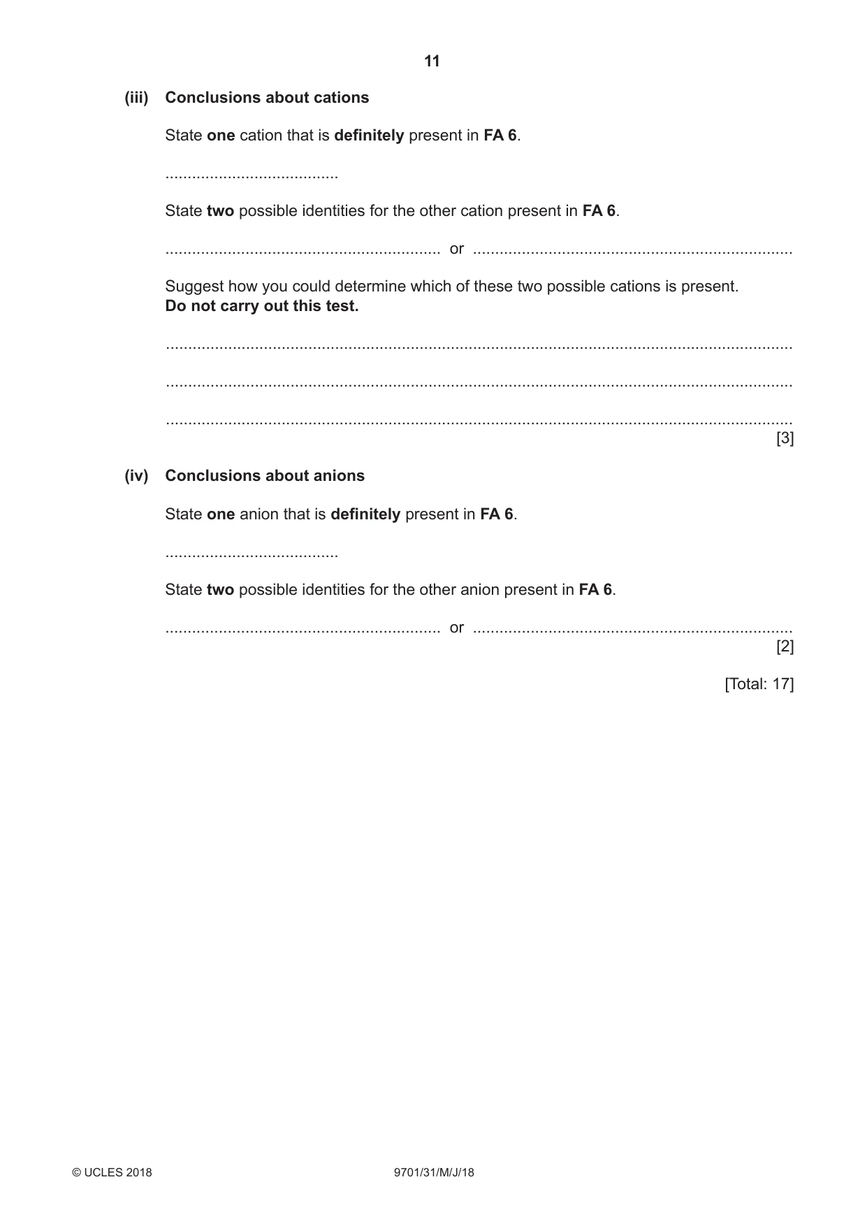 Cambridge A Level Chemistry 9701 2018 May/June Paper 3 · Variant 1 question paper, page 11 of 16