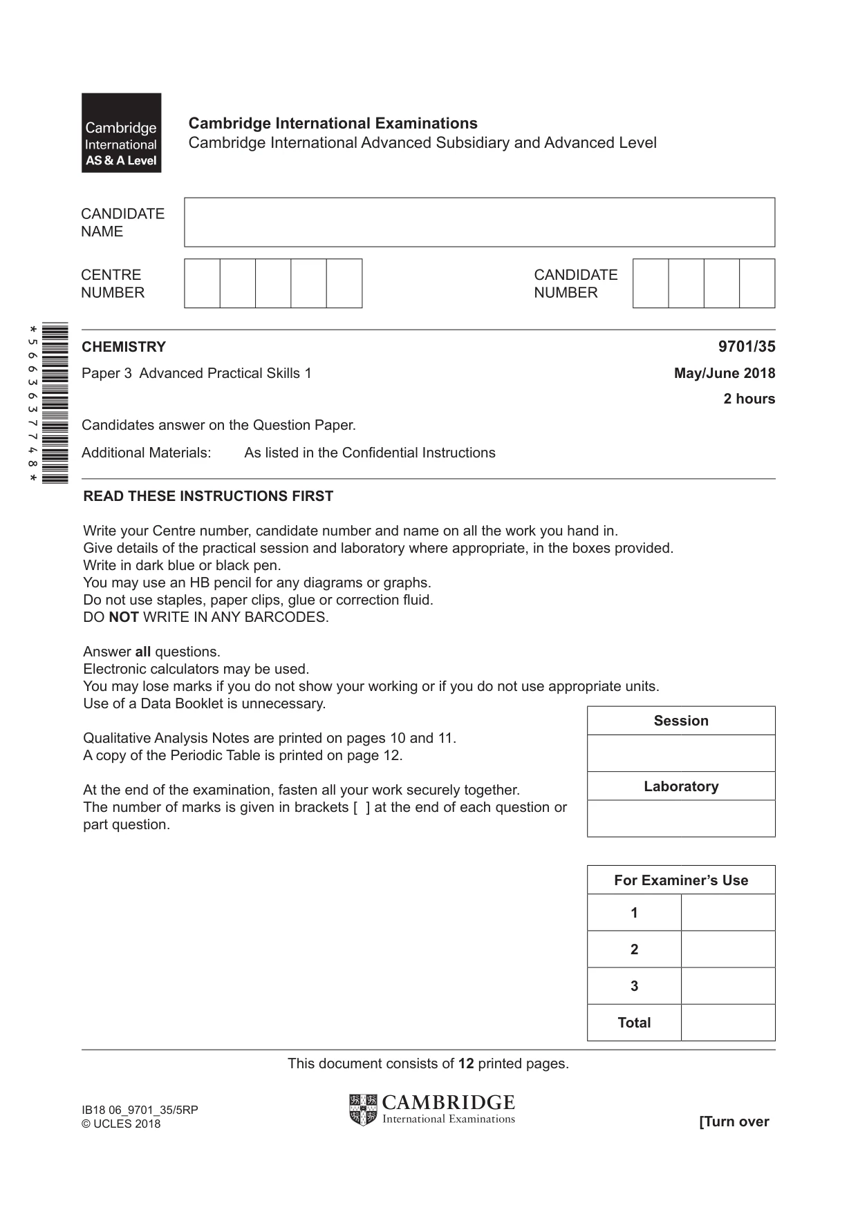 Cambridge A Level Chemistry 9701 2018 May/June Paper 3 · Variant 5 question paper, page 1 of 12