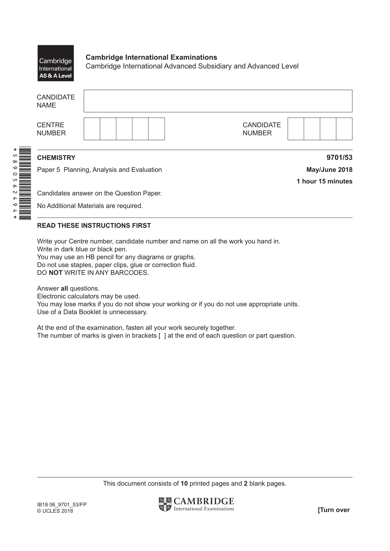Cambridge A Level Chemistry 9701 2018 May/June Paper 5 · Variant 3 question paper, page 1 of 12