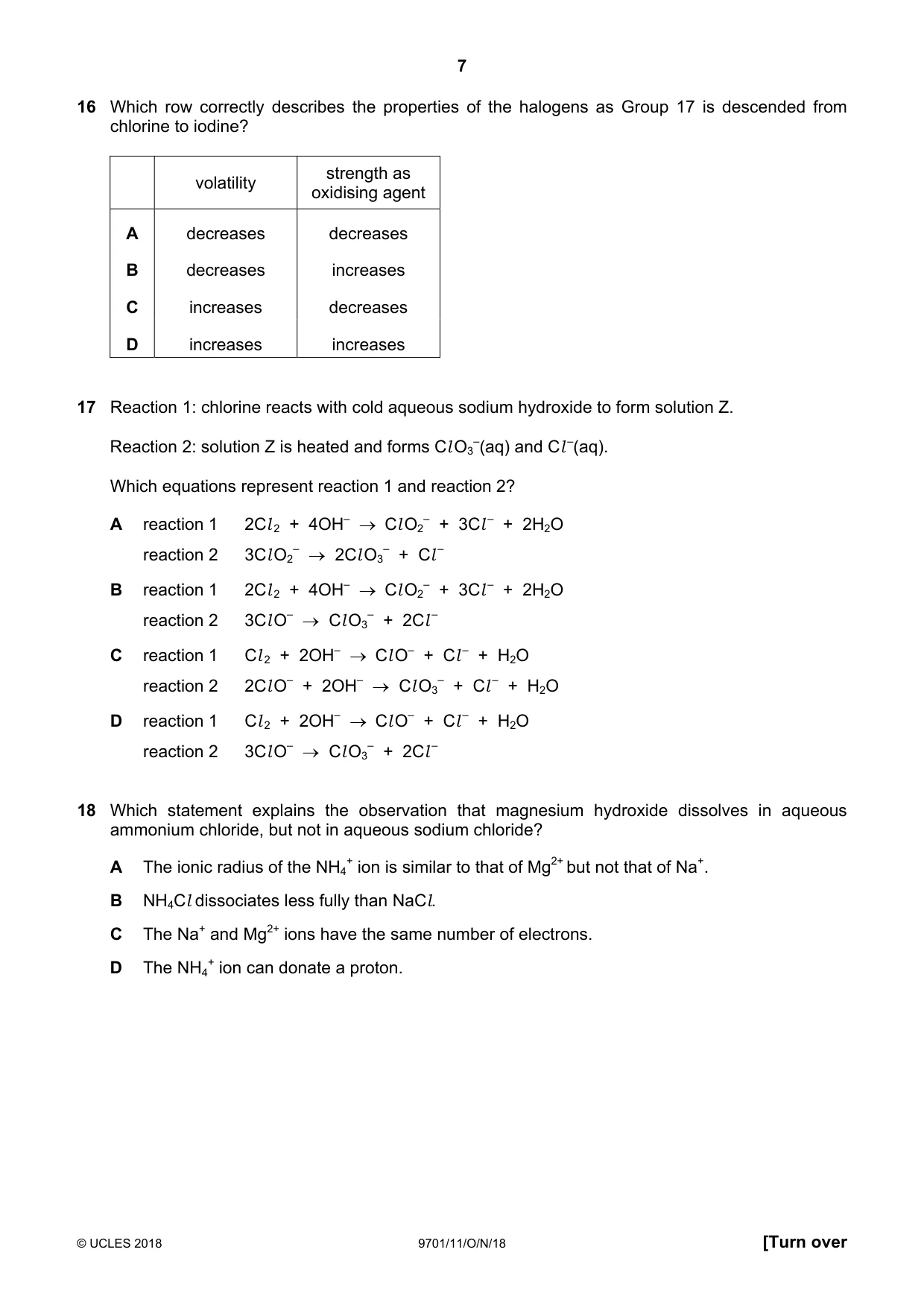 Cambridge A Level Chemistry 9701 2018 Oct/Nov Paper 1 · Variant 1 question paper, page 7 of 16