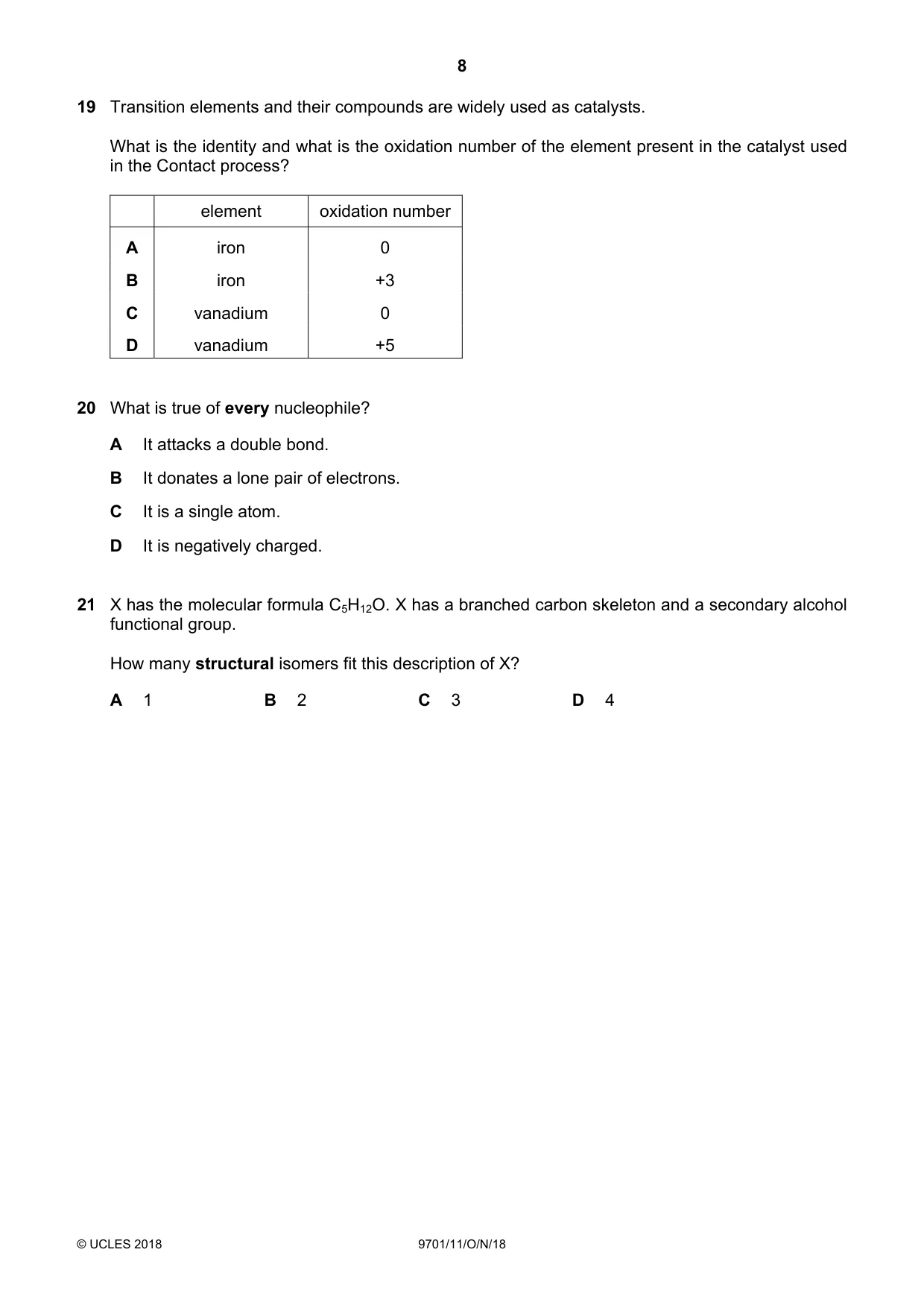 Cambridge A Level Chemistry 9701 2018 Oct/Nov Paper 1 · Variant 1 question paper, page 8 of 16