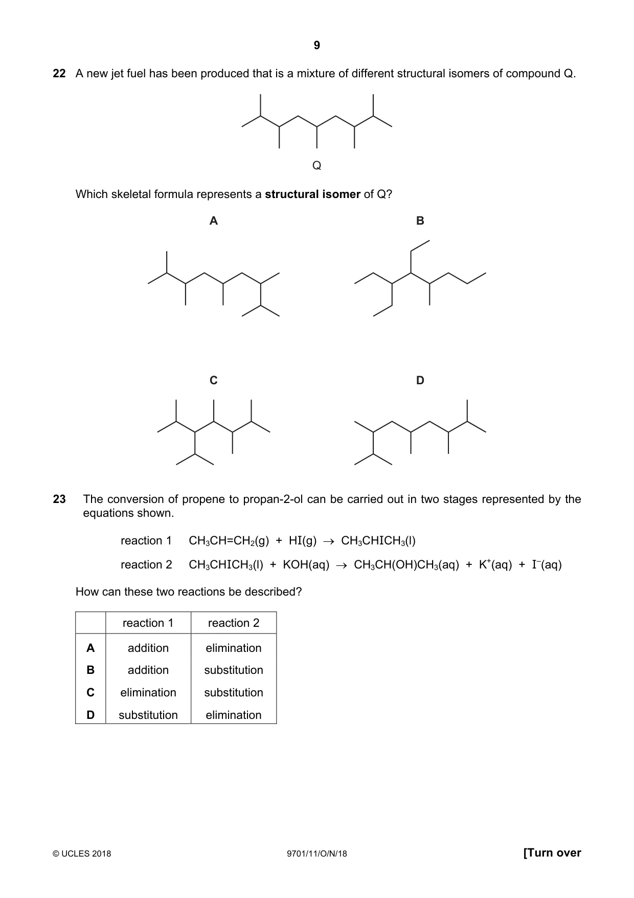 Cambridge A Level Chemistry 9701 2018 Oct/Nov Paper 1 · Variant 1 question paper, page 9 of 16