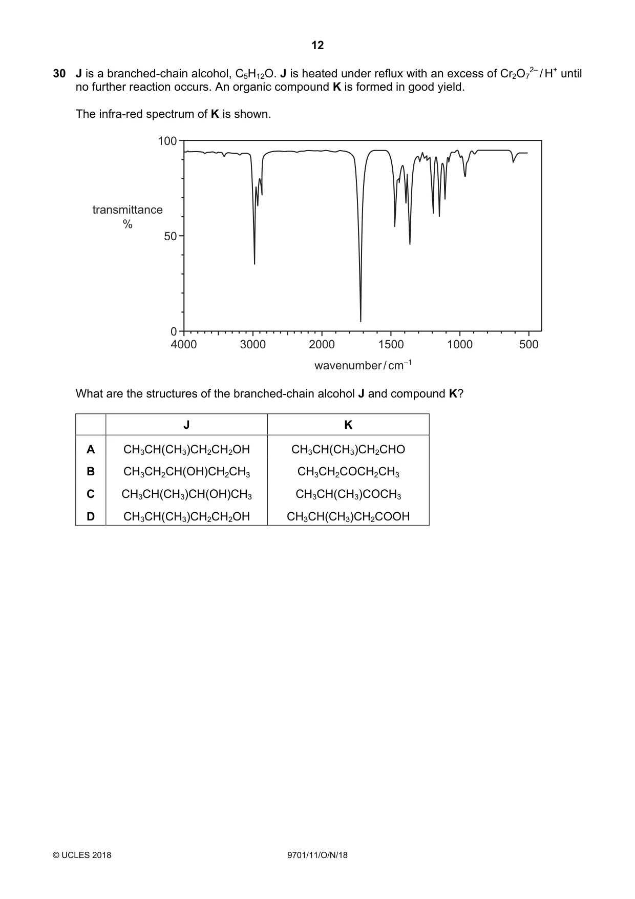 Cambridge A Level Chemistry 9701 2018 Oct/Nov Paper 1 · Variant 1 question paper, page 12 of 16
