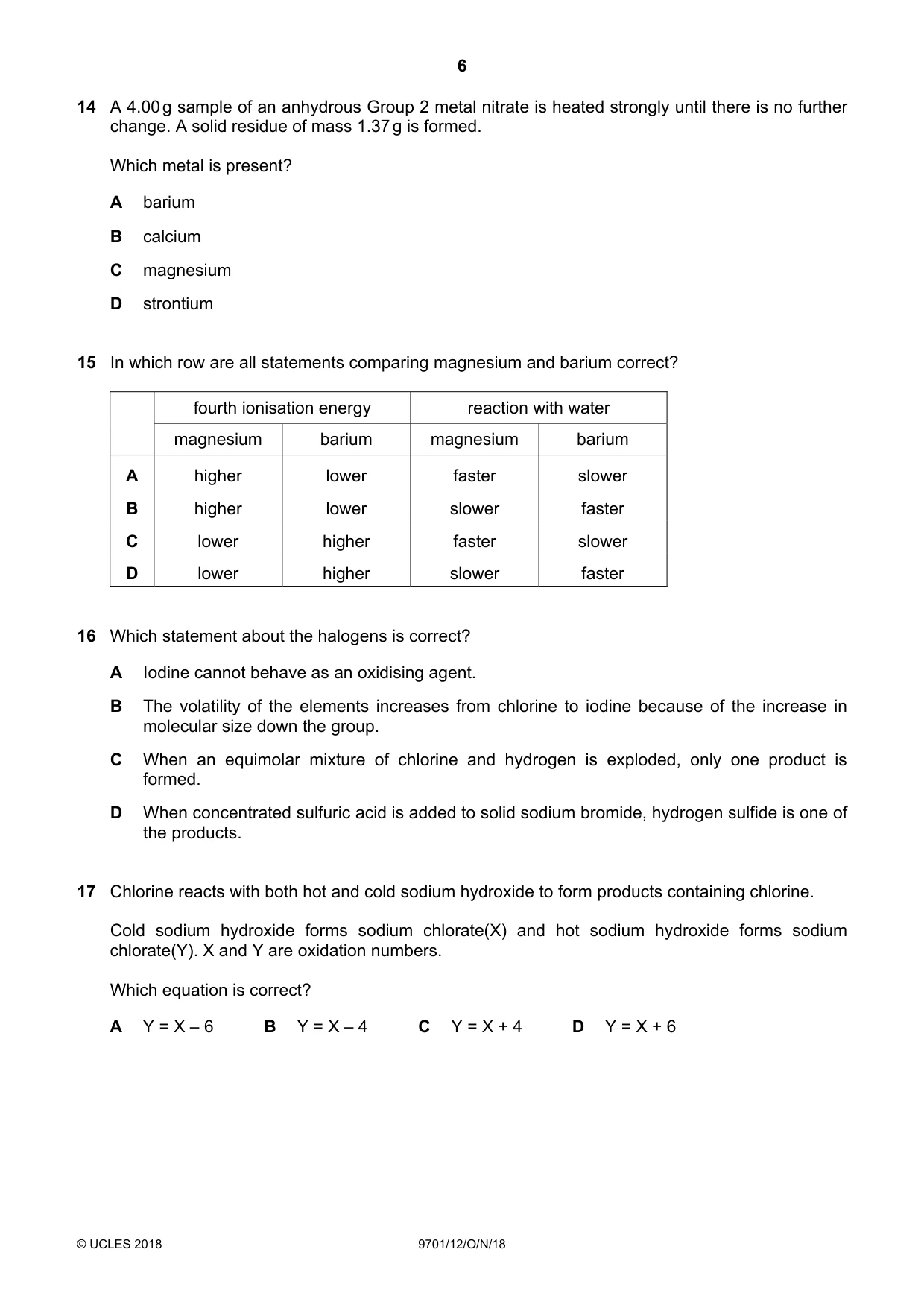 Cambridge A Level Chemistry 9701 2018 Oct/Nov Paper 1 · Variant 2 question paper, page 6 of 16