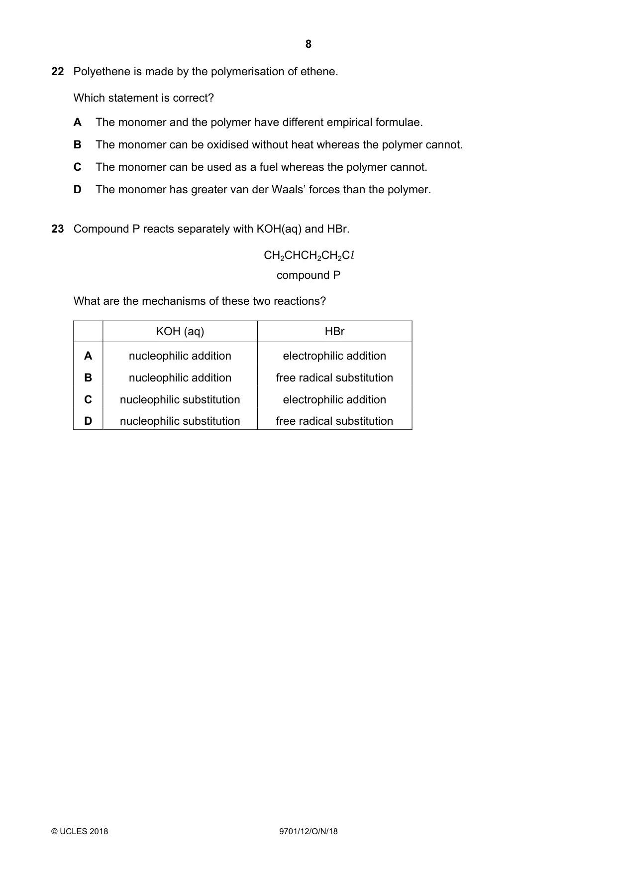 Cambridge A Level Chemistry 9701 2018 Oct/Nov Paper 1 · Variant 2 question paper, page 8 of 16
