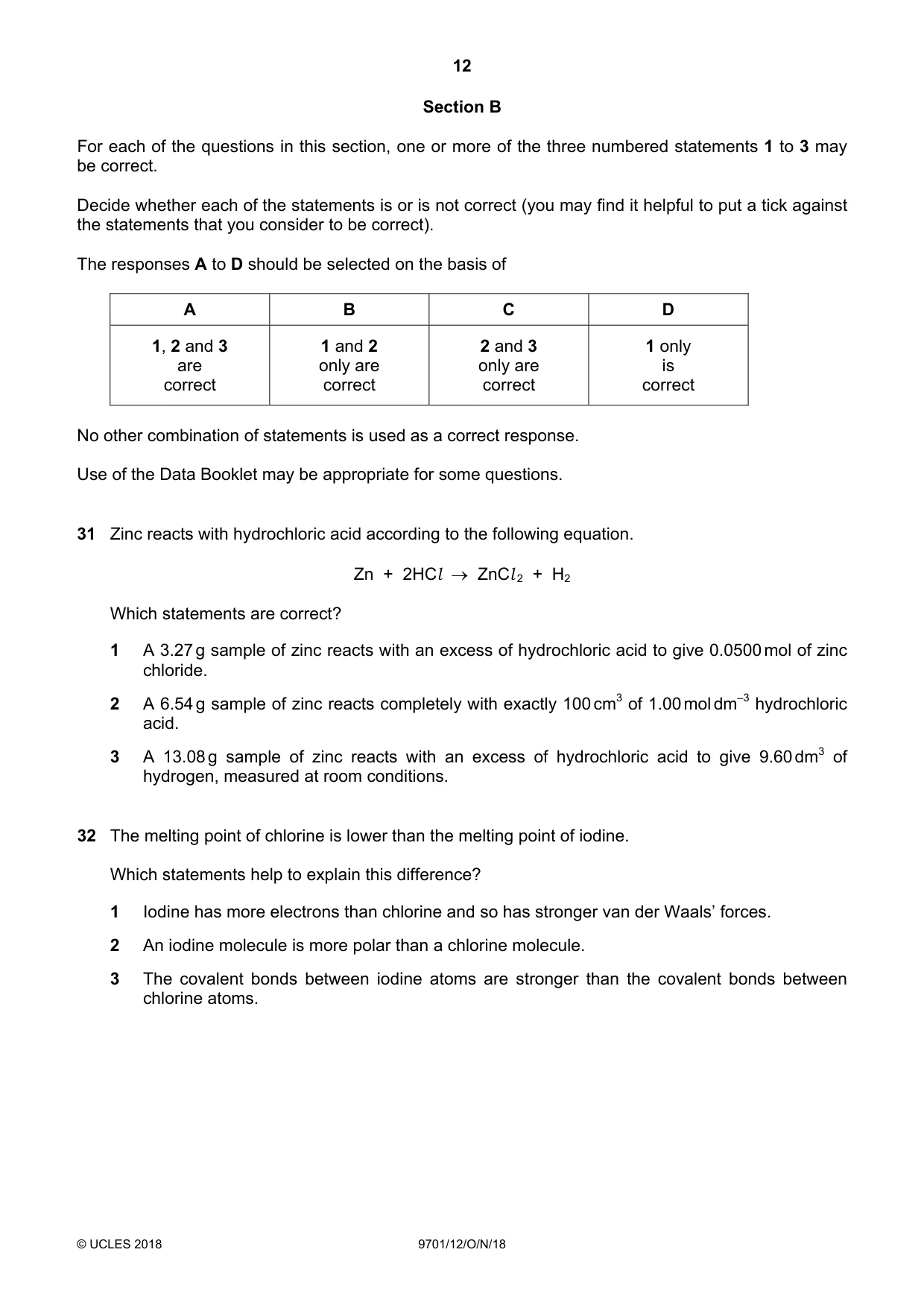 Cambridge A Level Chemistry 9701 2018 Oct/Nov Paper 1 · Variant 2 question paper, page 12 of 16