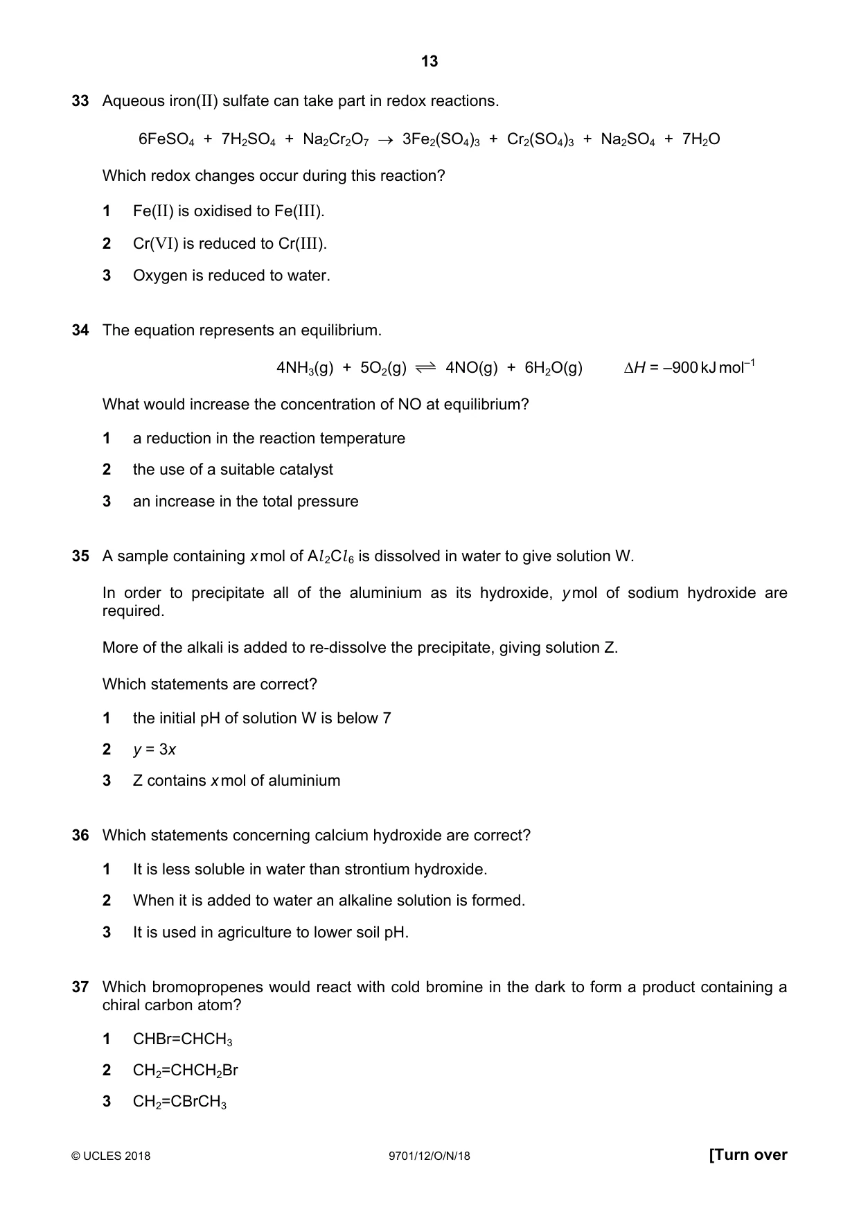 Cambridge A Level Chemistry 9701 2018 Oct/Nov Paper 1 · Variant 2 question paper, page 13 of 16