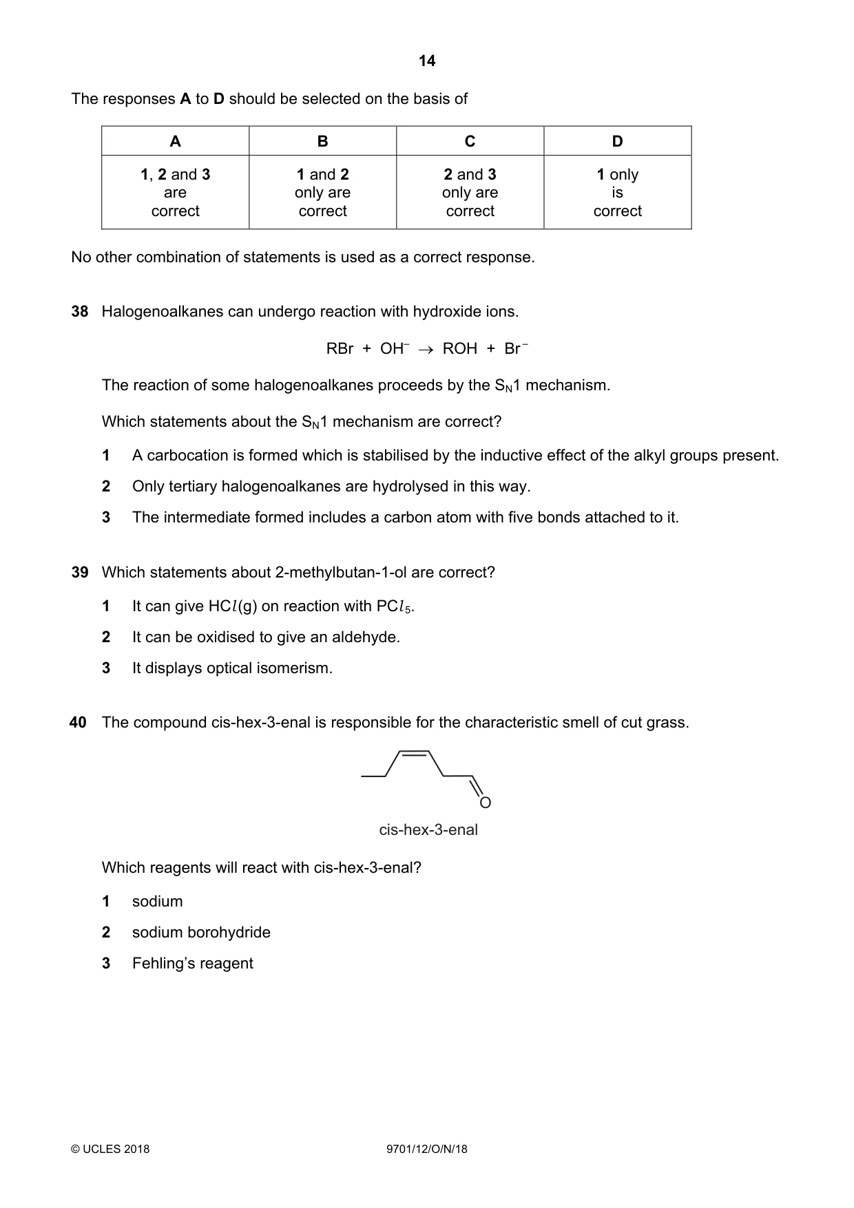Cambridge A Level Chemistry 9701 2018 Oct/Nov Paper 1 · Variant 2 question paper, page 14 of 16