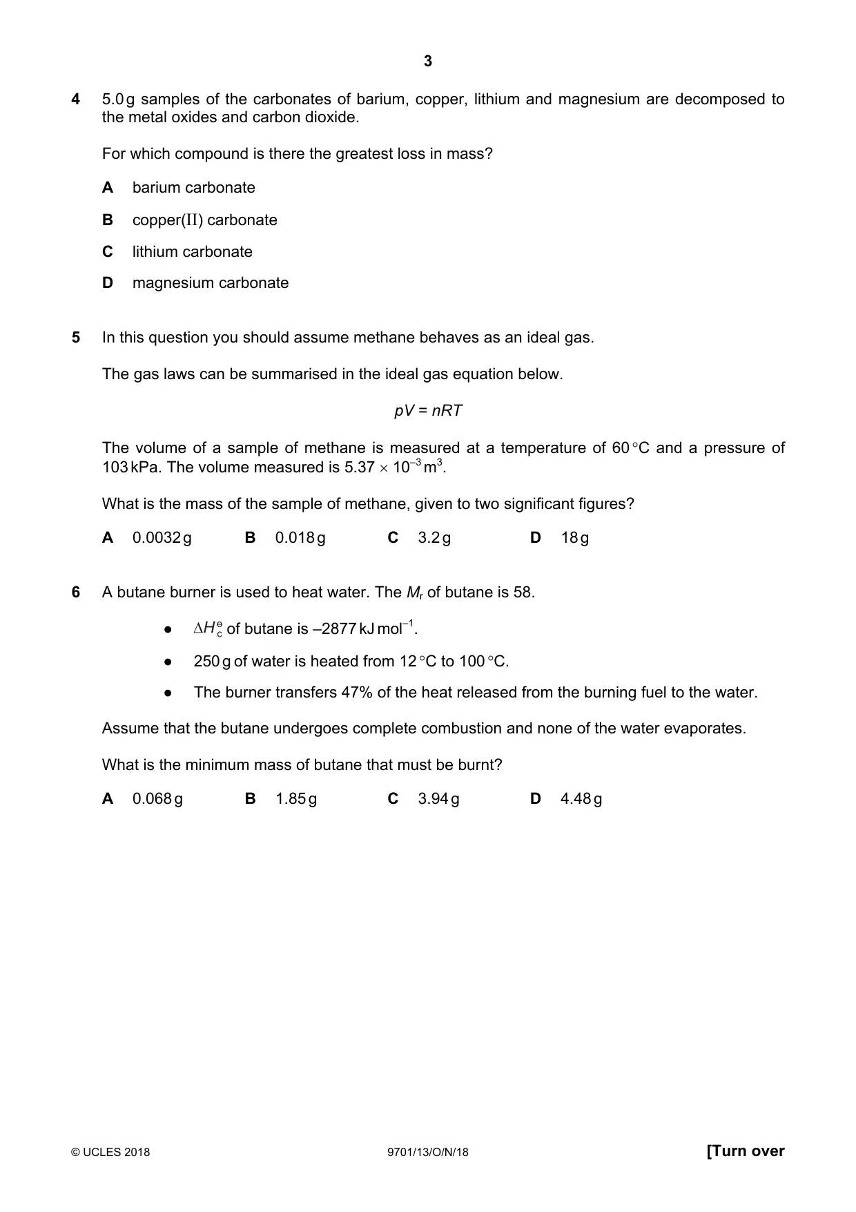 Cambridge A Level Chemistry 9701 2018 Oct/Nov Paper 1 · Variant 3 question paper, page 3 of 16