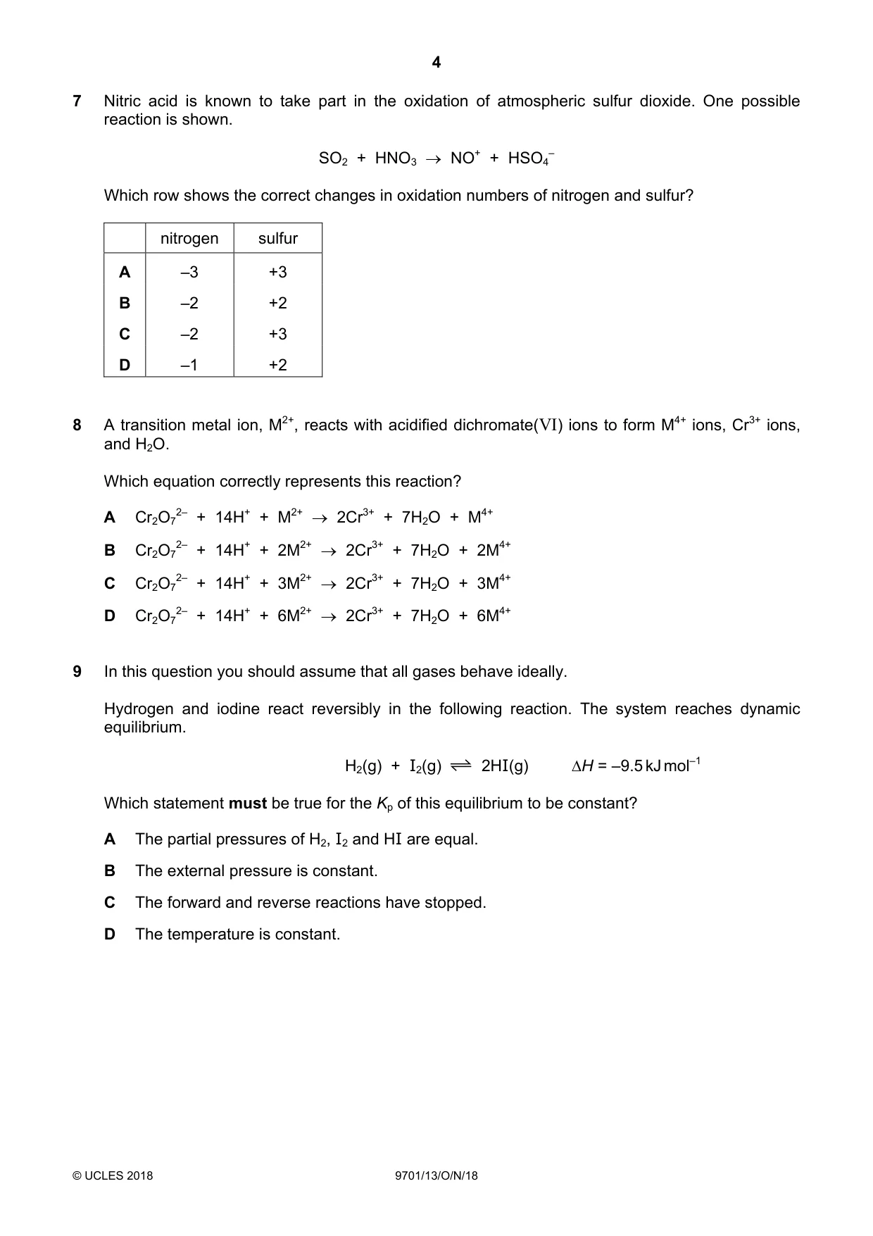 Cambridge A Level Chemistry 9701 2018 Oct/Nov Paper 1 · Variant 3 question paper, page 4 of 16