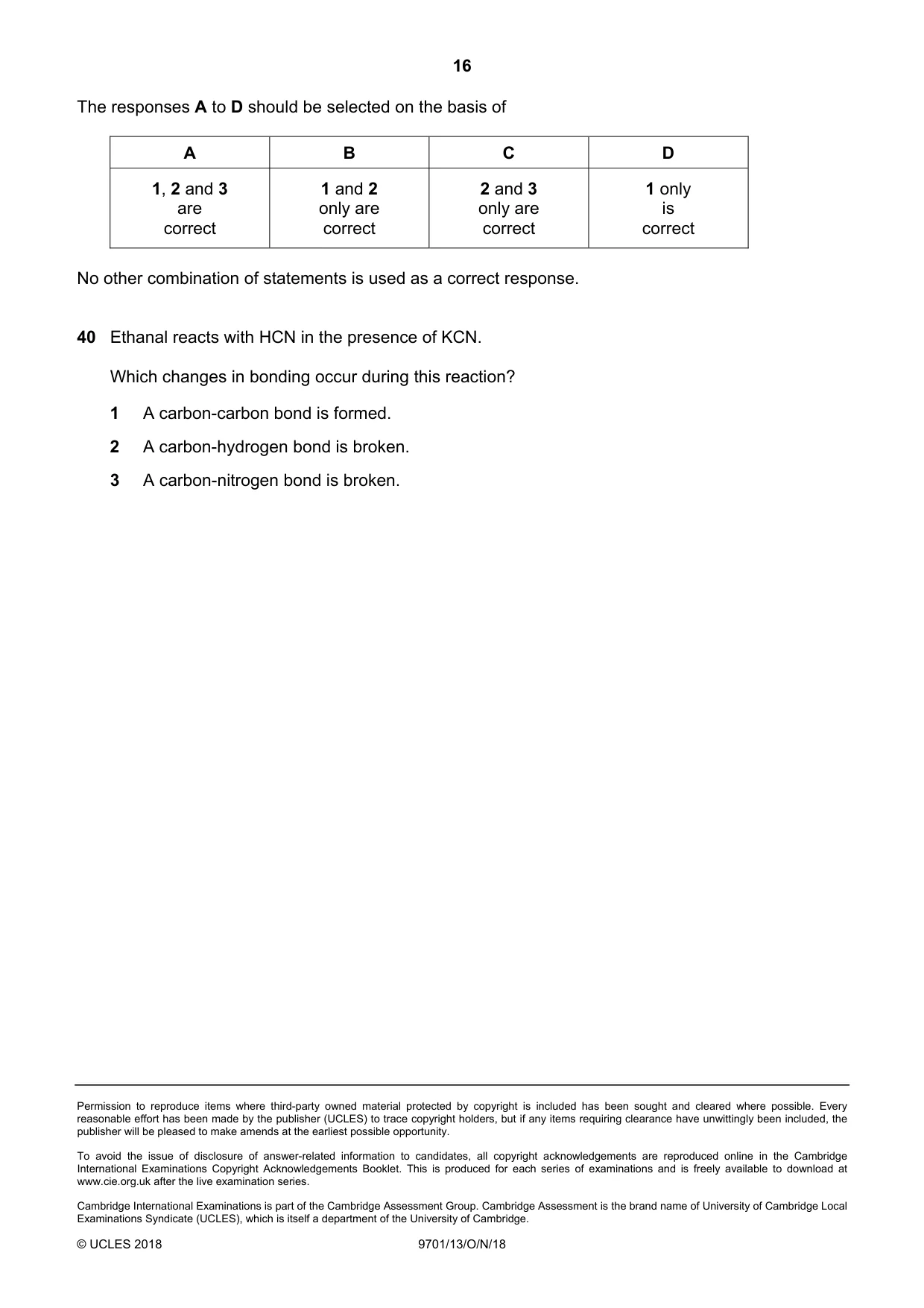 Cambridge A Level Chemistry 9701 2018 Oct/Nov Paper 1 · Variant 3 question paper, page 16 of 16