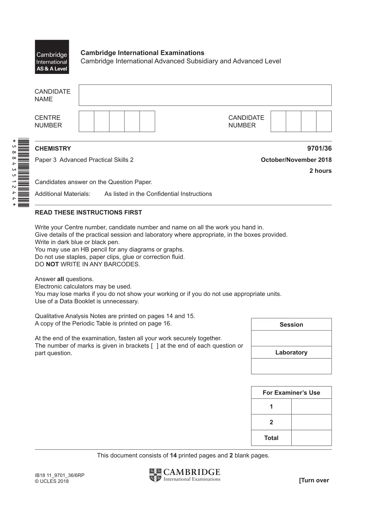 Cambridge A Level Chemistry 9701 2018 Oct/Nov Paper 3 · Variant 6 question paper, page 1 of 16