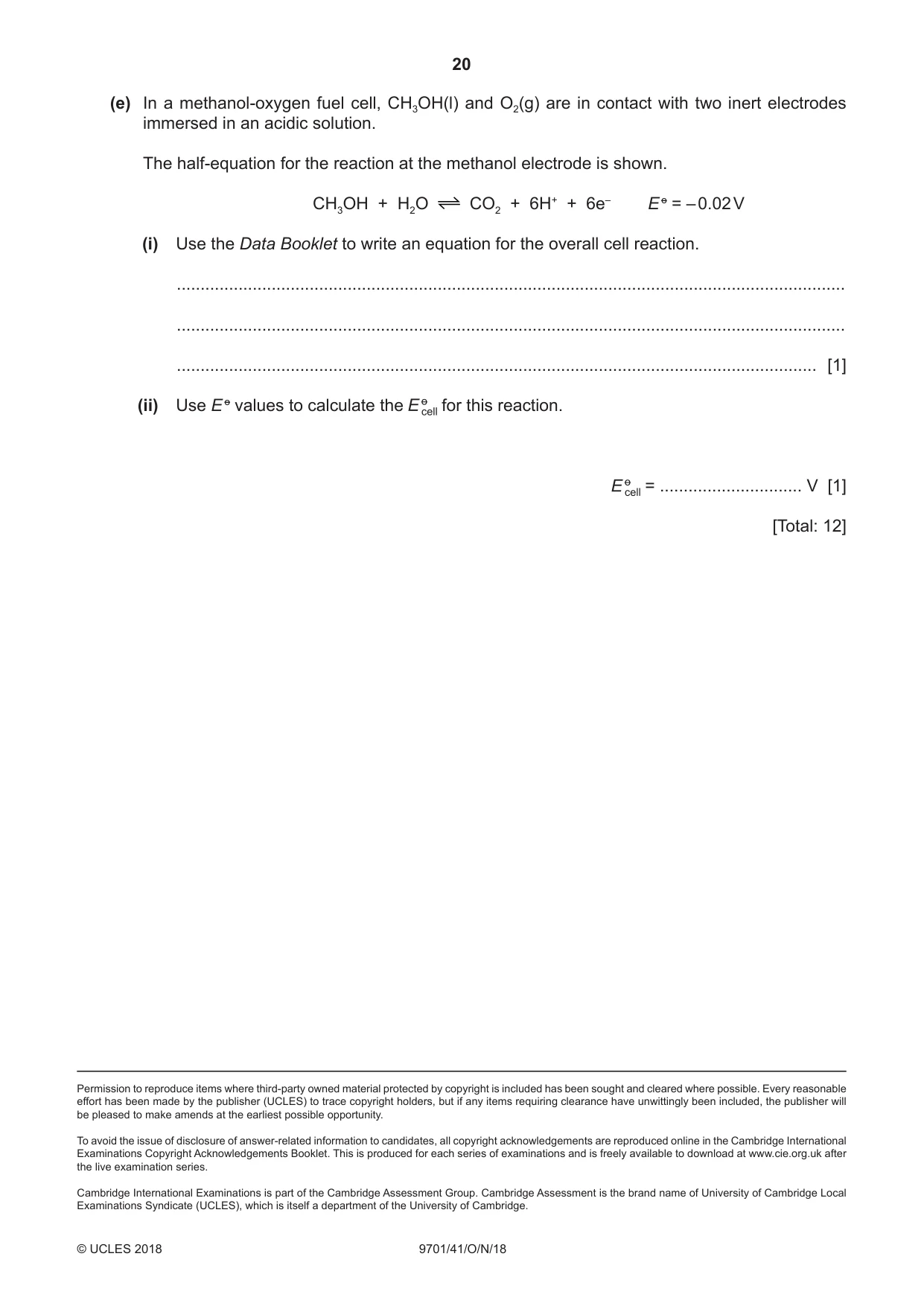 Cambridge A Level Chemistry 9701 2018 Oct/Nov Paper 4 · Variant 1 question paper, page 20 of 20