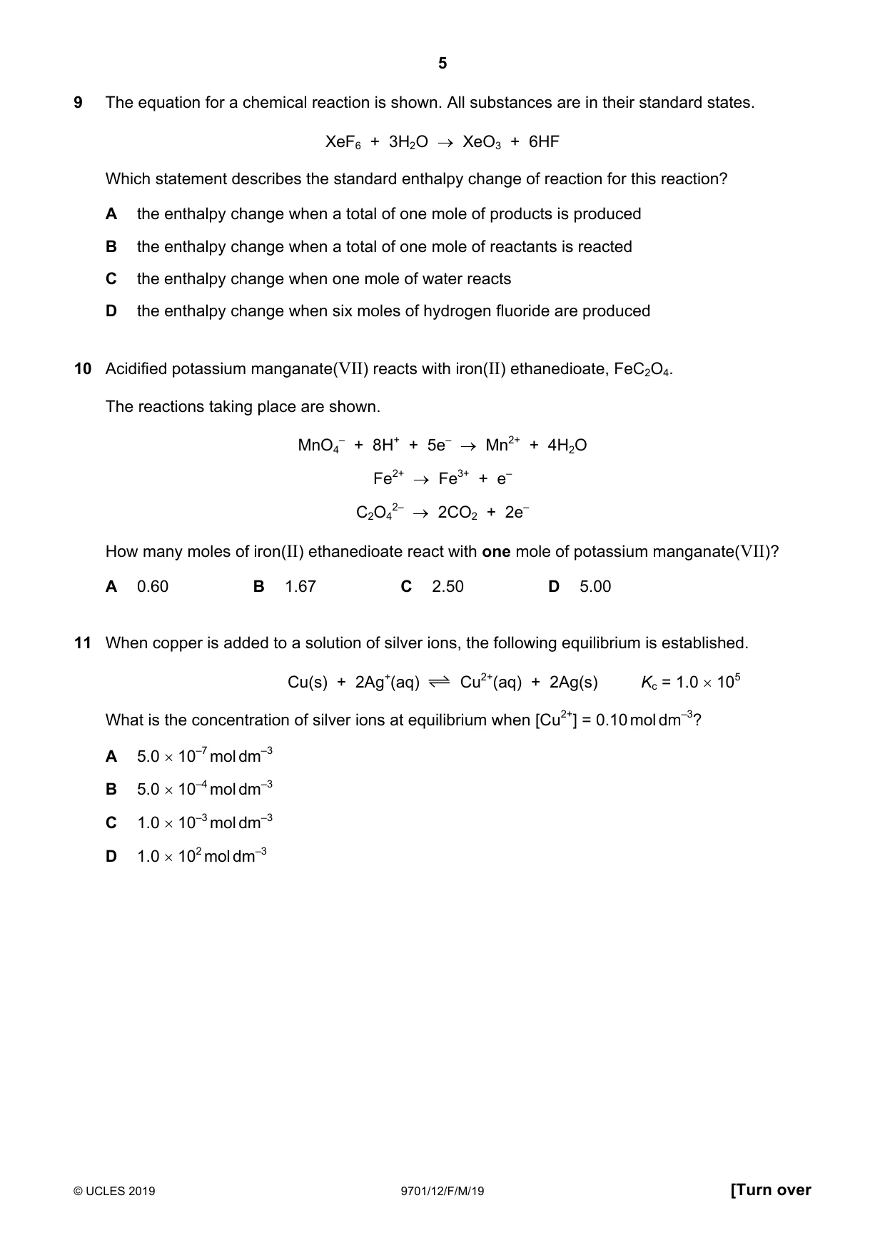 Cambridge A Level Chemistry 9701 2019 Feb/March Paper 1 · Variant 2 question paper, page 5 of 16