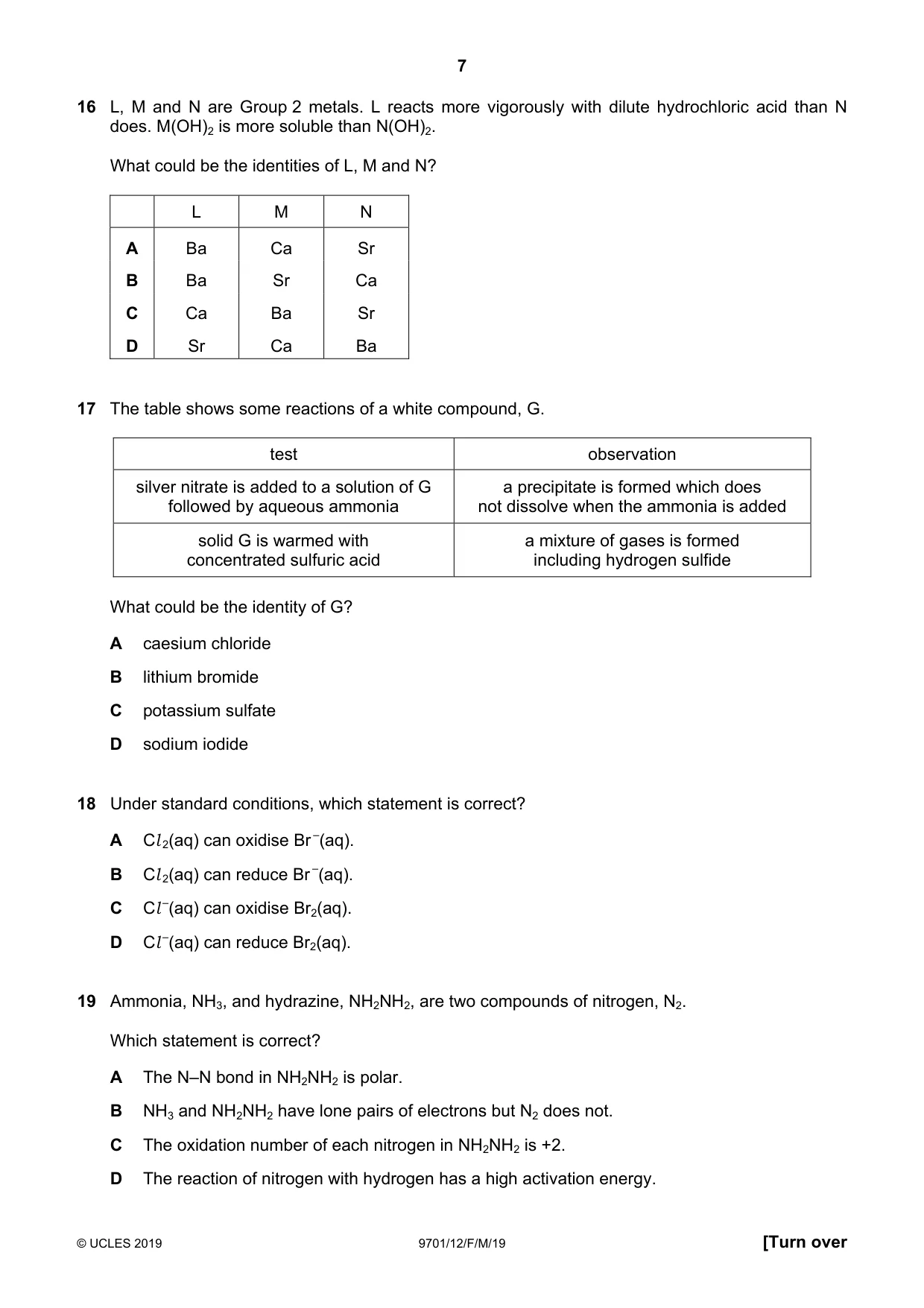 Cambridge A Level Chemistry 9701 2019 Feb/March Paper 1 · Variant 2 question paper, page 7 of 16