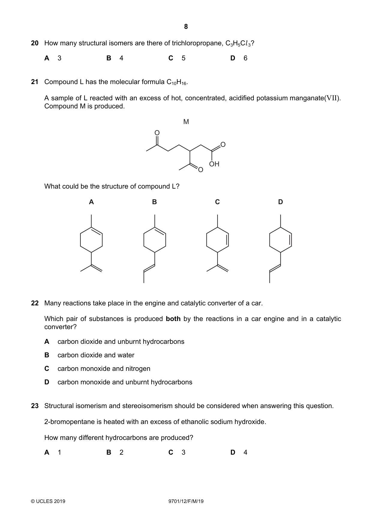 Cambridge A Level Chemistry 9701 2019 Feb/March Paper 1 · Variant 2 question paper, page 8 of 16