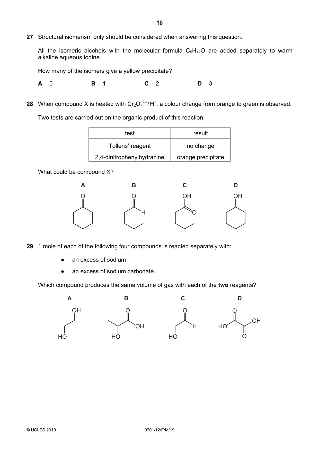 Cambridge A Level Chemistry 9701 2019 Feb/March Paper 1 · Variant 2 question paper, page 10 of 16