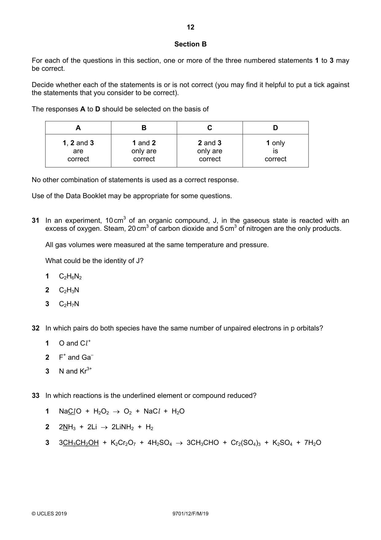 Cambridge A Level Chemistry 9701 2019 Feb/March Paper 1 · Variant 2 question paper, page 12 of 16
