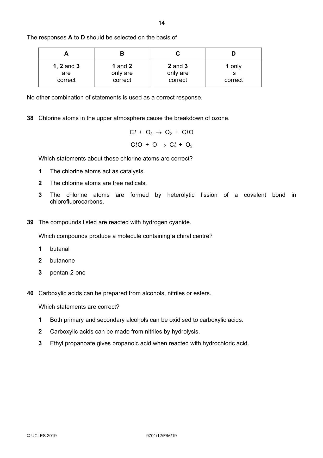 Cambridge A Level Chemistry 9701 2019 Feb/March Paper 1 · Variant 2 question paper, page 14 of 16
