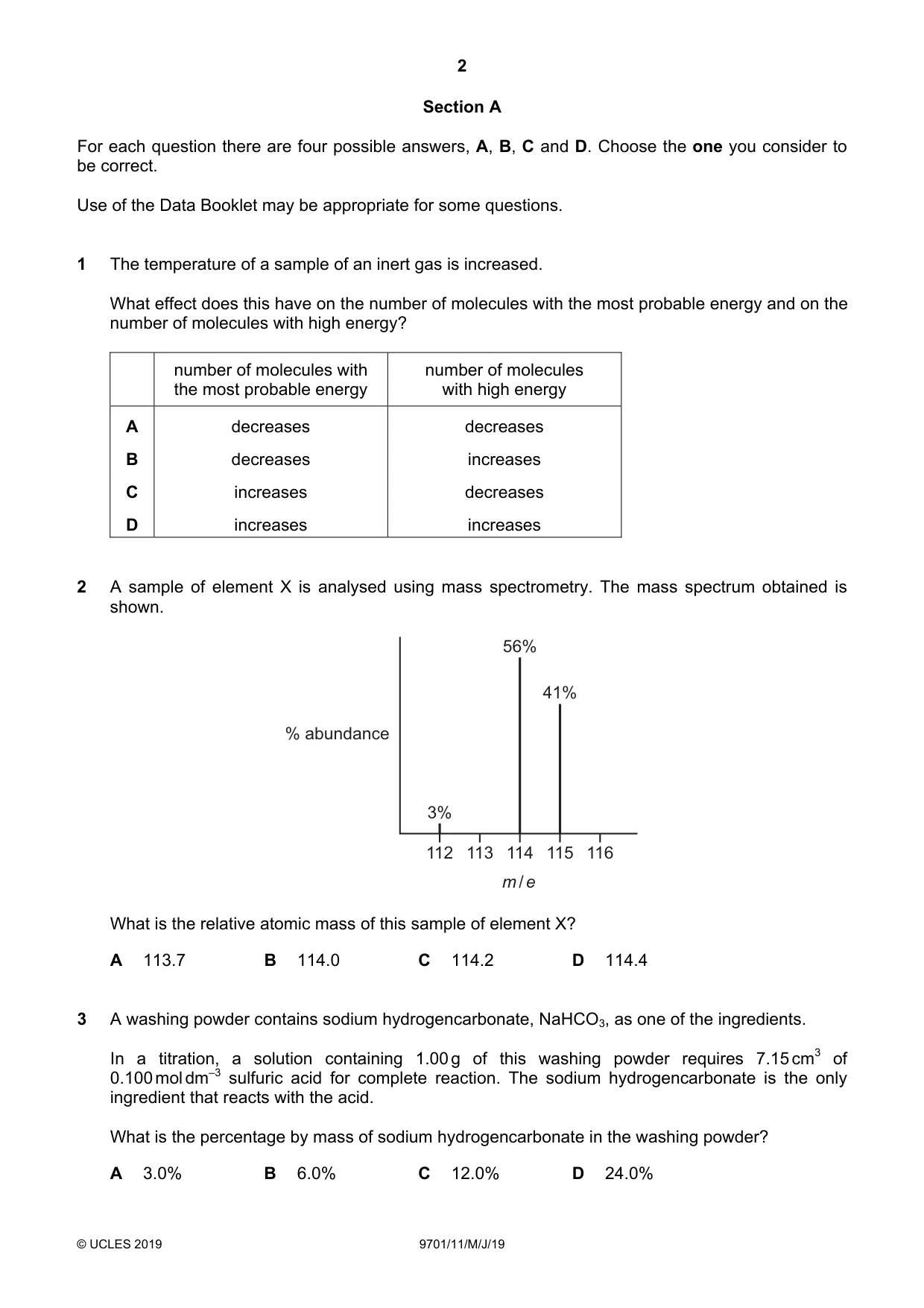Cambridge A Level Chemistry 9701 2019 May/June Paper 1 · Variant 1 question paper, page 2 of 16