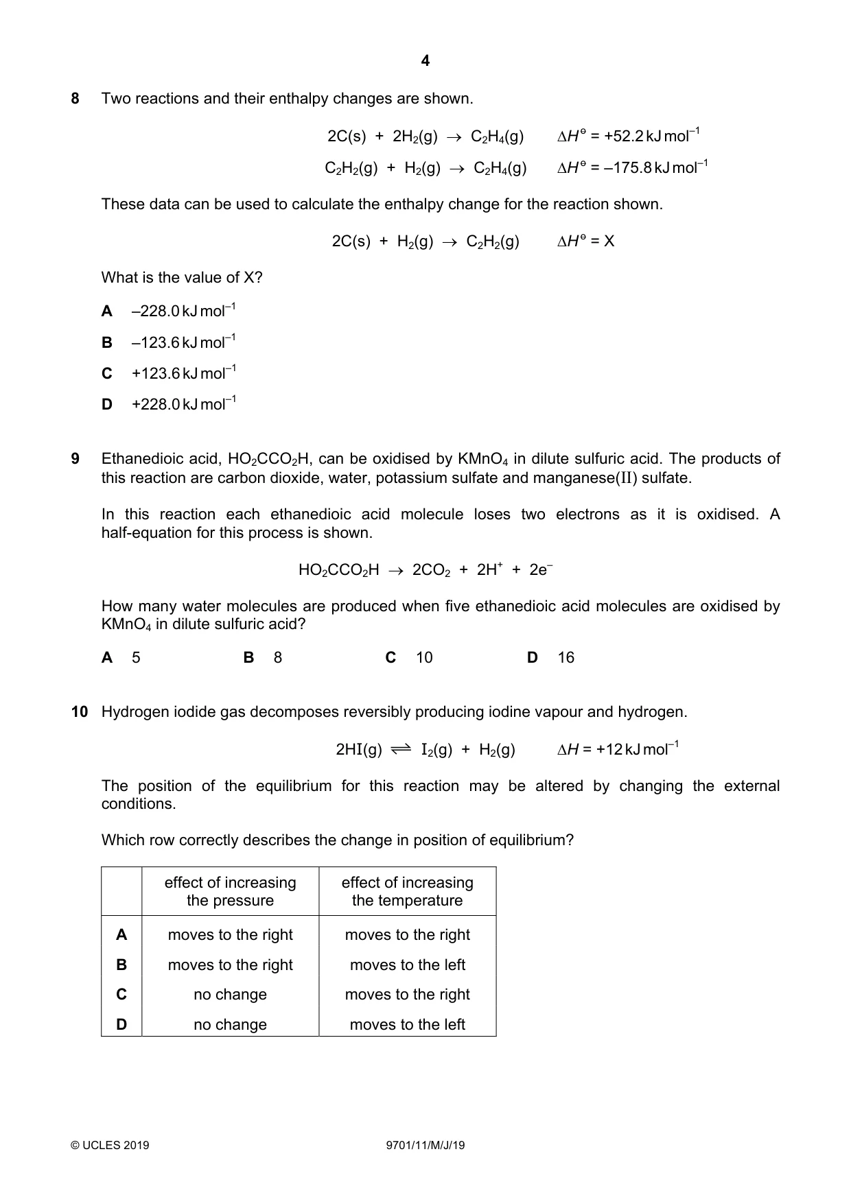 Cambridge A Level Chemistry 9701 2019 May/June Paper 1 · Variant 1 question paper, page 4 of 16