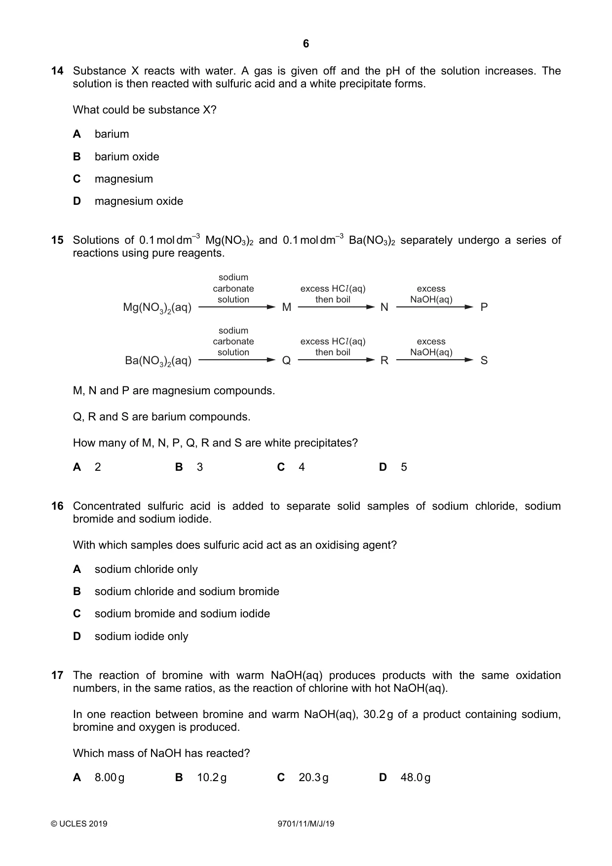 Cambridge A Level Chemistry 9701 2019 May/June Paper 1 · Variant 1 question paper, page 6 of 16