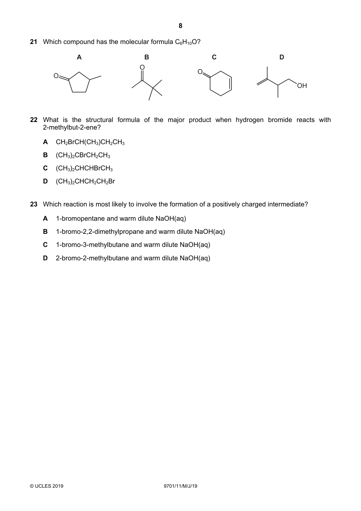 Cambridge A Level Chemistry 9701 2019 May/June Paper 1 · Variant 1 question paper, page 8 of 16
