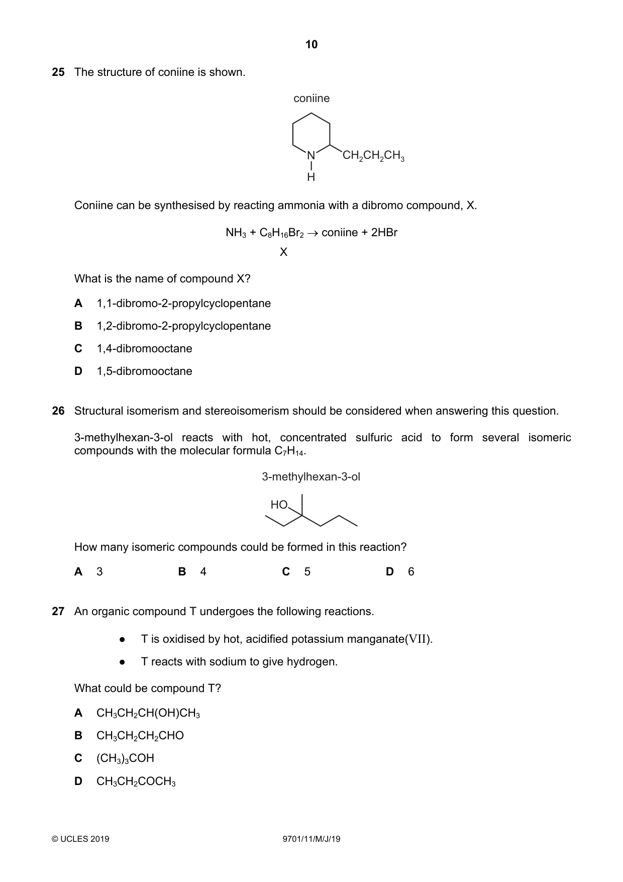 Cambridge A Level Chemistry 9701 2019 May/June Paper 1 · Variant 1 question paper, page 10 of 16