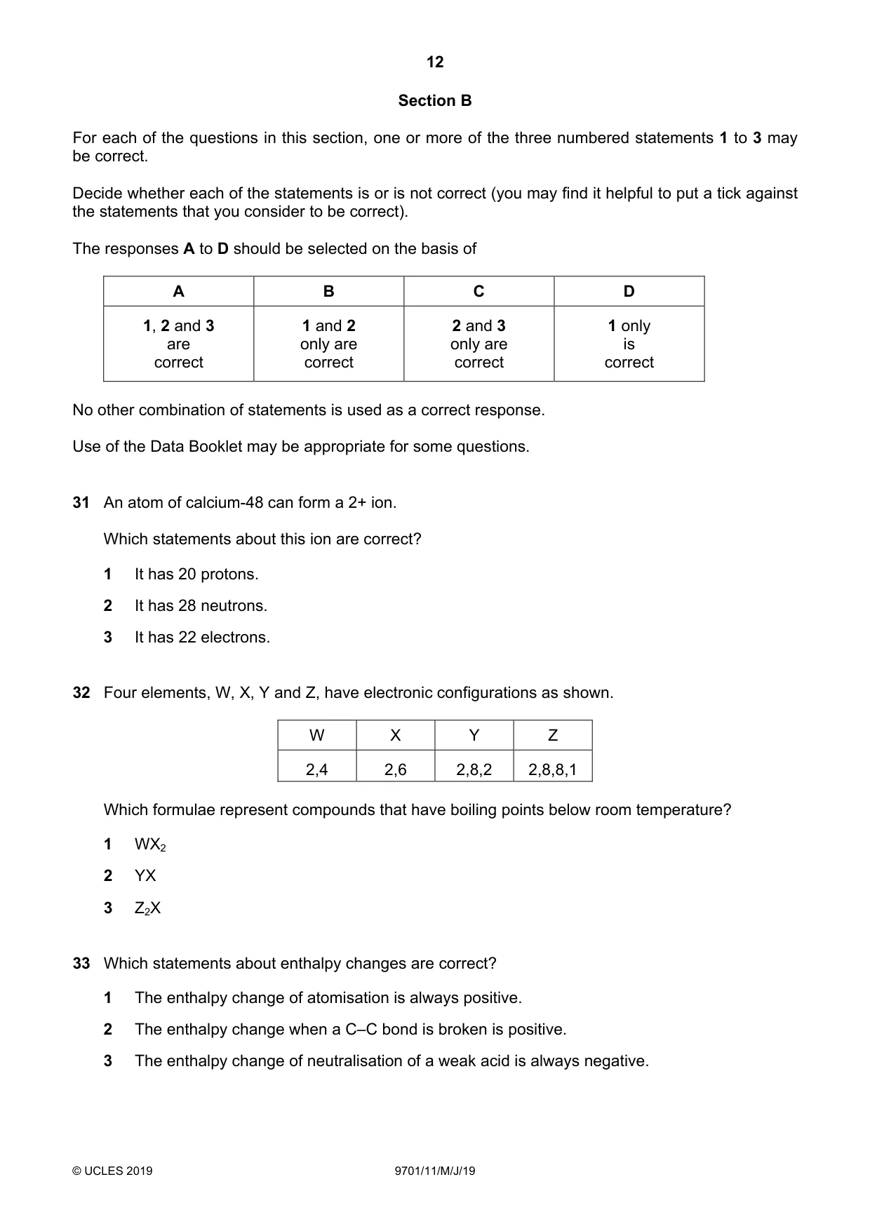 Cambridge A Level Chemistry 9701 2019 May/June Paper 1 · Variant 1 question paper, page 12 of 16