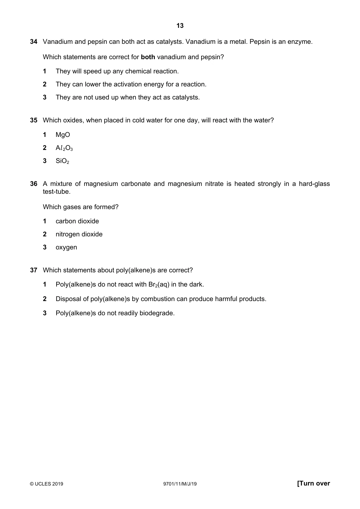 Cambridge A Level Chemistry 9701 2019 May/June Paper 1 · Variant 1 question paper, page 13 of 16